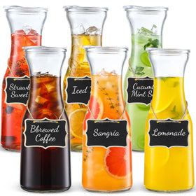 Set of 6 Glass Carafe with Lid, 1 Liter Beverage Serveware Carafe, Clear Glass Pitcher for Mimosa Bar, Brunch, Cold Water, Juice, Milk, Iced Tea, Lemonade