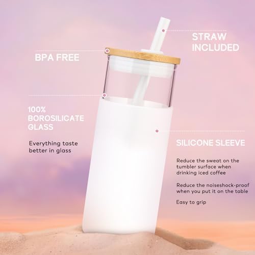 Tronco 20 oz Glass Tumbler with Lid and Straw, Iced Coffee Cup and Smoothie Cup with Bamboo Lids & Protective Silicone Sleeve, Dishwasher Safe, BPA-Free, Glass Cup 1 Pack