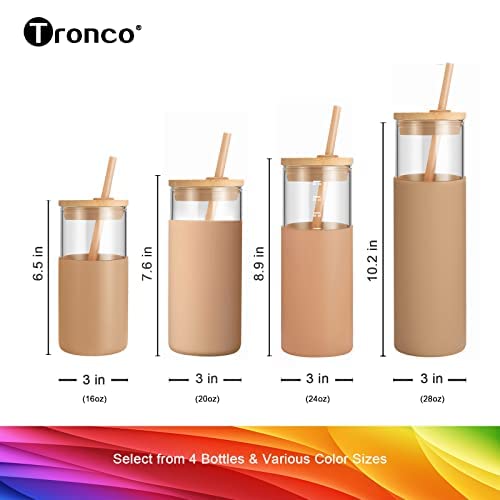 Tronco 20 oz Glass Tumbler with Lid and Straw, Iced Coffee Cup and Smoothie Cup with Bamboo Lids & Protective Silicone Sleeve, Dishwasher Safe, BPA-Free, Glass Cup 1 Pack