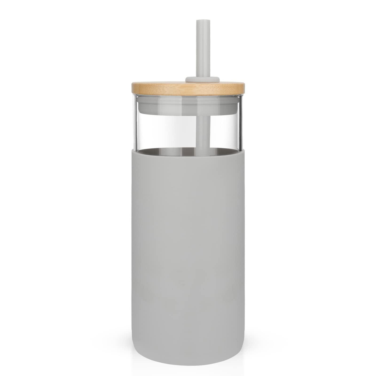 Tronco 20 oz Glass Tumbler with Lid and Straw, Iced Coffee Cup and Smoothie Cup with Bamboo Lids & Protective Silicone Sleeve, Dishwasher Safe, BPA-Free, Glass Cup 1 Pack