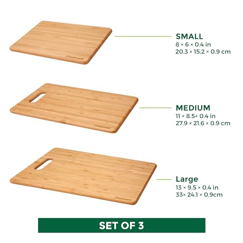 Bamboo Cutting Boards for Kitchen [Set of 3] Wood Cutting Board for Chopping Meat, Vegetables, Fruits, Cheese, Knife Friendly Serving Tray with Handles