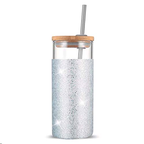 Tronco 20 oz Glass Tumbler with Lid and Straw, Iced Coffee Cup and Smoothie Cup with Bamboo Lids & Protective Silicone Sleeve, Dishwasher Safe, BPA-Free, Glass Cup 1 Pack