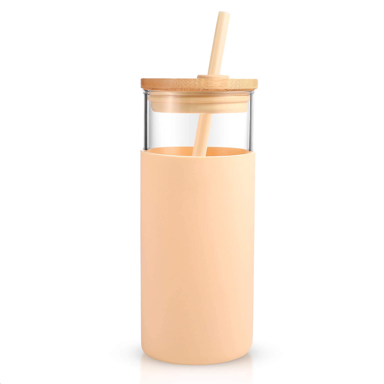 Tronco 20 oz Glass Tumbler with Lid and Straw, Iced Coffee Cup and Smoothie Cup with Bamboo Lids & Protective Silicone Sleeve, Dishwasher Safe, BPA-Free, Glass Cup 1 Pack