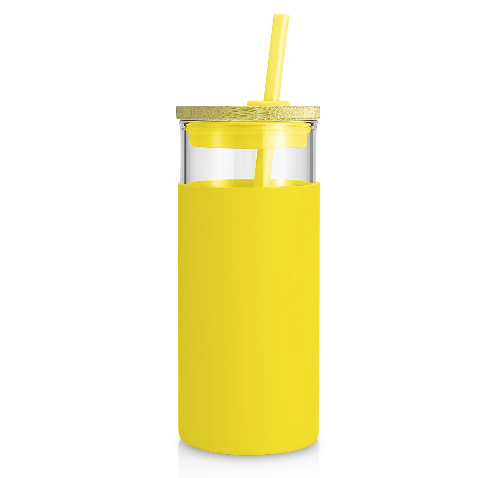 Tronco 20 oz Glass Tumbler with Lid and Straw, Iced Coffee Cup and Smoothie Cup with Bamboo Lids & Protective Silicone Sleeve, Dishwasher Safe, BPA-Free, Glass Cup 1 Pack