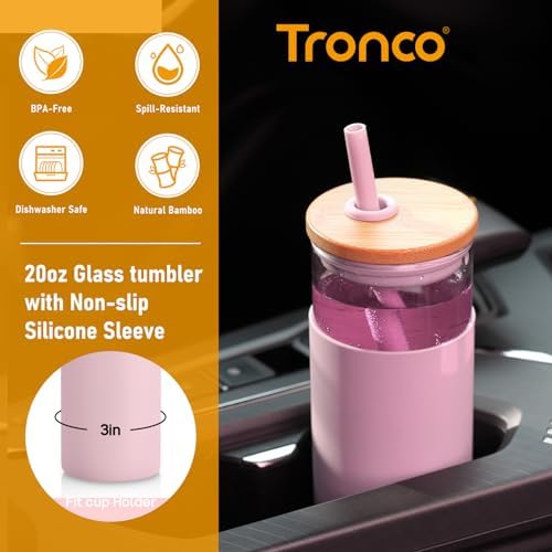 Tronco 20 oz Glass Tumbler with Lid and Straw, Iced Coffee Cup and Smoothie Cup with Bamboo Lids & Protective Silicone Sleeve, Dishwasher Safe, BPA-Free, Glass Cup 1 Pack