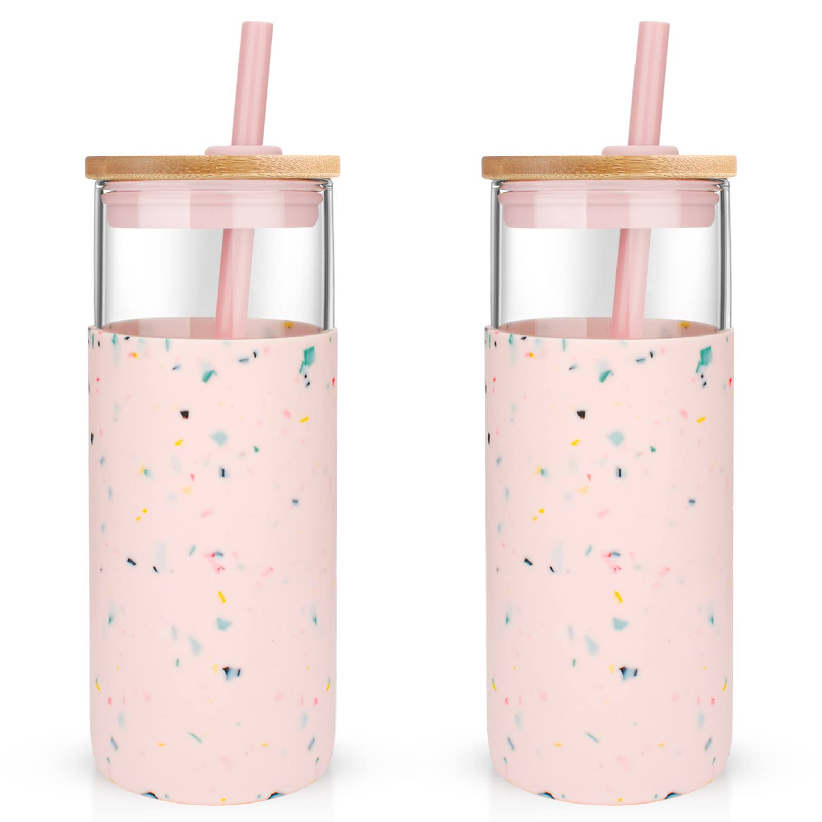 Tronco 20 oz Glass Tumbler with Lid and Straw, Iced Coffee Cup and Smoothie Cup with Bamboo Lids & Protective Silicone Sleeve, Dishwasher Safe, BPA-Free, Glass Cup 1 Pack