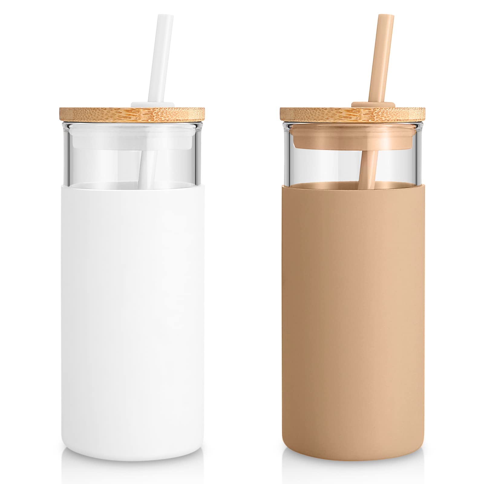 Tronco 20 oz Glass Tumbler with Lid and Straw, Iced Coffee Cup and Smoothie Cup with Bamboo Lids & Protective Silicone Sleeve, Dishwasher Safe, BPA-Free, Glass Cup 1 Pack