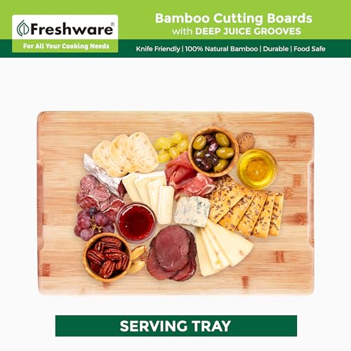 Bamboo Cutting Boards for Kitchen [Set of 3] Wood Cutting Board for Chopping Meat, Vegetables, Fruits, Cheese, Knife Friendly Serving Tray with Handles