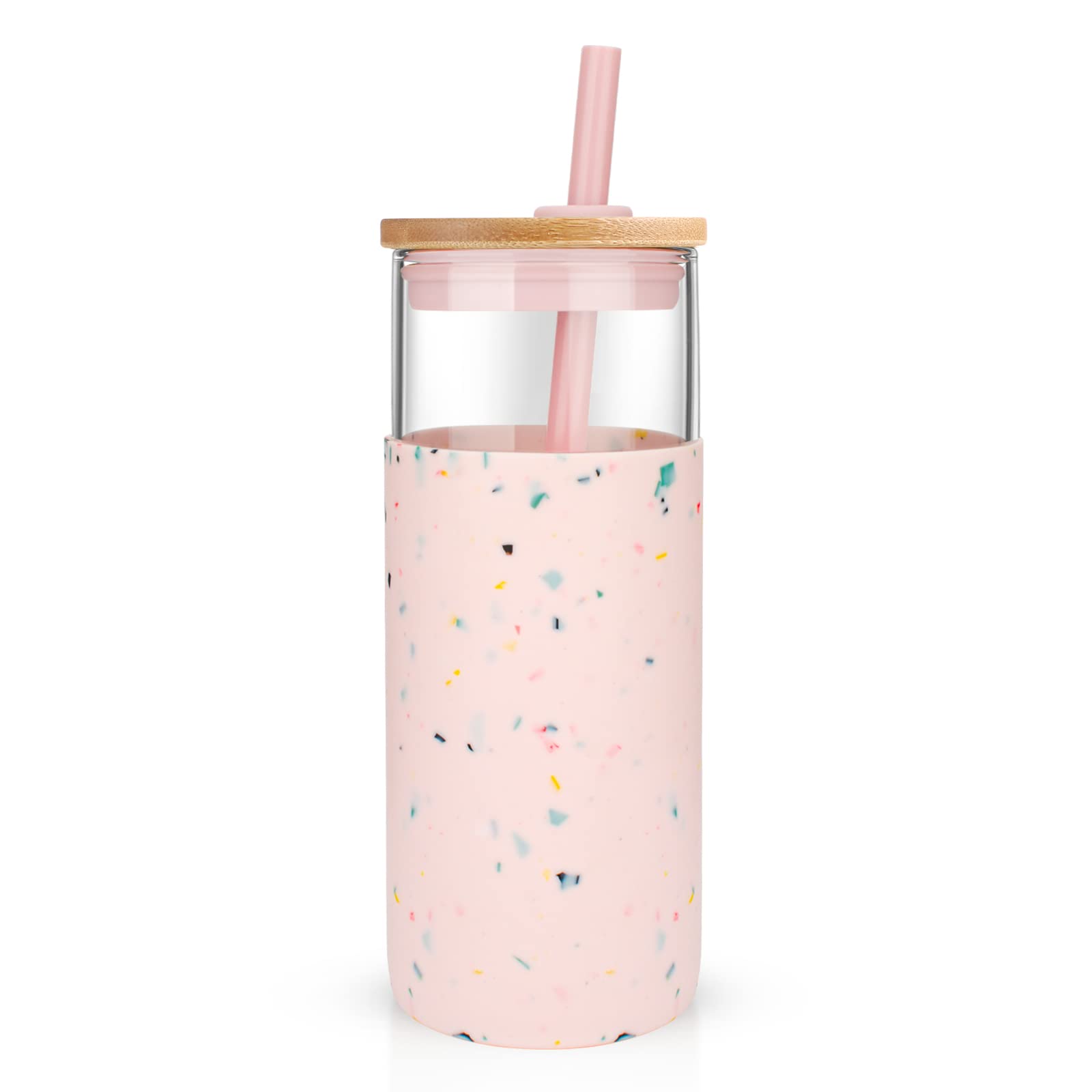 Tronco 20 oz Glass Tumbler with Lid and Straw, Iced Coffee Cup and Smoothie Cup with Bamboo Lids & Protective Silicone Sleeve, Dishwasher Safe, BPA-Free, Glass Cup 1 Pack