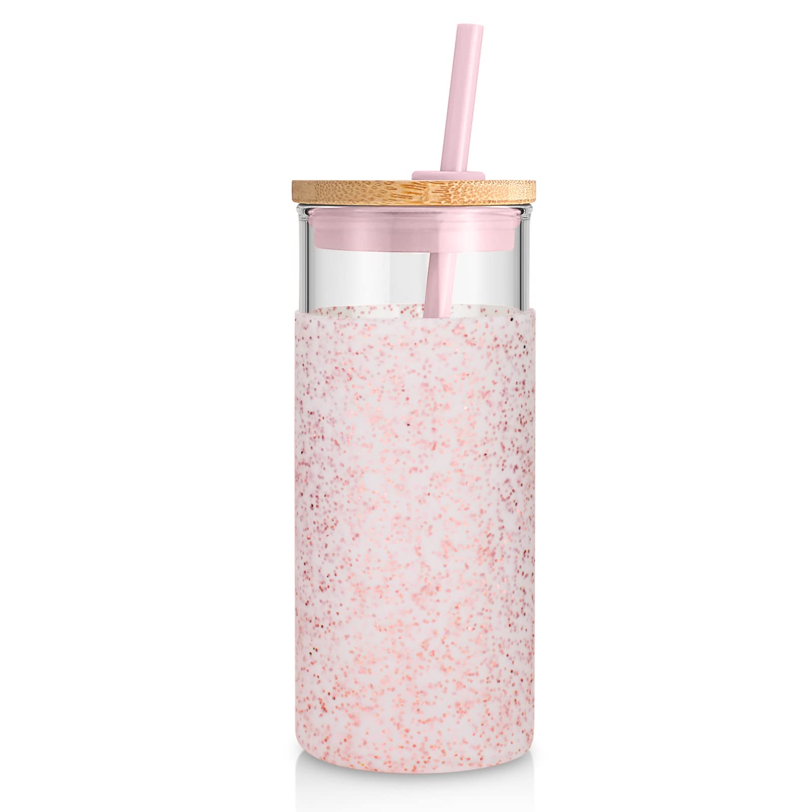 Tronco 20 oz Glass Tumbler with Lid and Straw, Iced Coffee Cup and Smoothie Cup with Bamboo Lids & Protective Silicone Sleeve, Dishwasher Safe, BPA-Free, Glass Cup 1 Pack