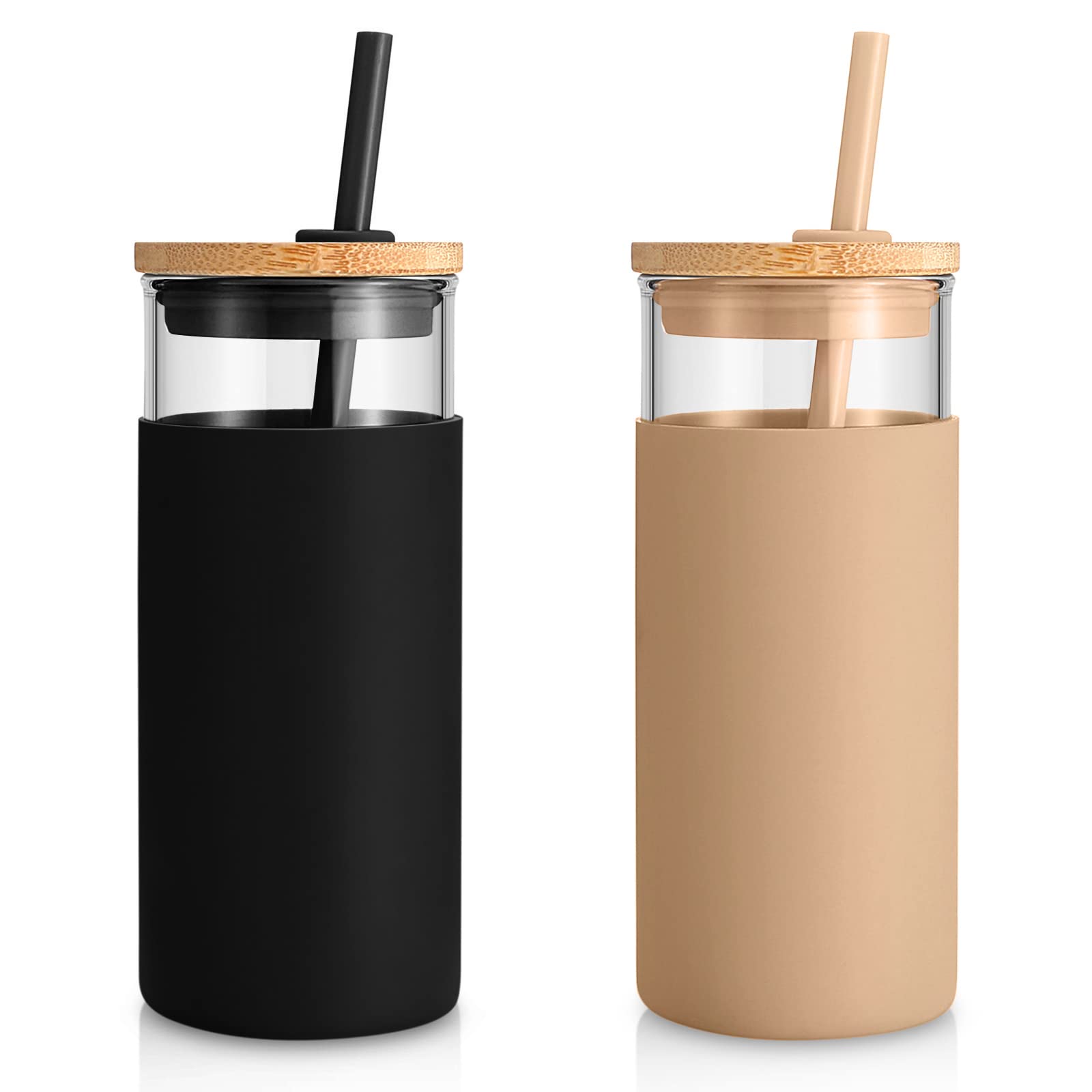 Tronco 20 oz Glass Tumbler with Lid and Straw, Iced Coffee Cup and Smoothie Cup with Bamboo Lids & Protective Silicone Sleeve, Dishwasher Safe, BPA-Free, Glass Cup 1 Pack