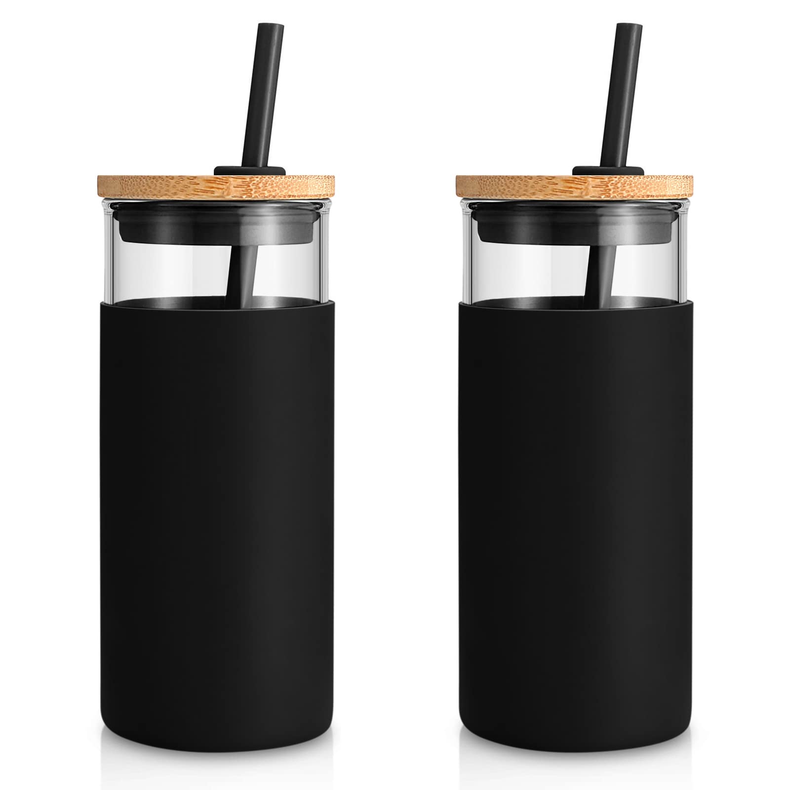 Tronco 20 oz Glass Tumbler with Lid and Straw, Iced Coffee Cup and Smoothie Cup with Bamboo Lids & Protective Silicone Sleeve, Dishwasher Safe, BPA-Free, Glass Cup 1 Pack
