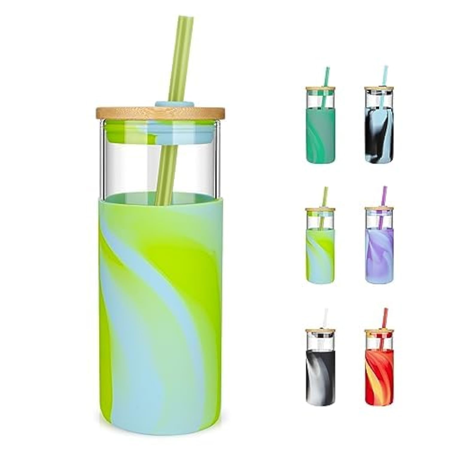Tronco 20 oz Glass Tumbler with Lid and Straw, Iced Coffee Cup and Smoothie Cup with Bamboo Lids & Protective Silicone Sleeve, Dishwasher Safe, BPA-Free, Glass Cup 1 Pack