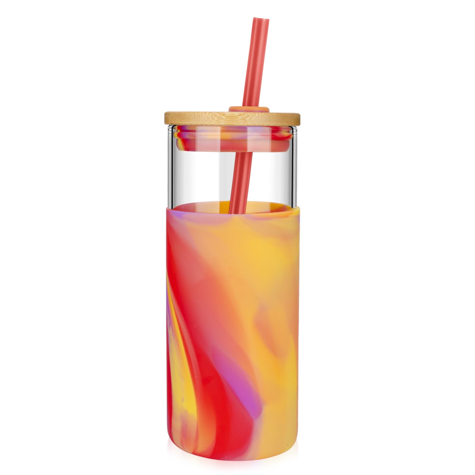 Tronco 20 oz Glass Tumbler with Lid and Straw, Iced Coffee Cup and Smoothie Cup with Bamboo Lids & Protective Silicone Sleeve, Dishwasher Safe, BPA-Free, Glass Cup 1 Pack
