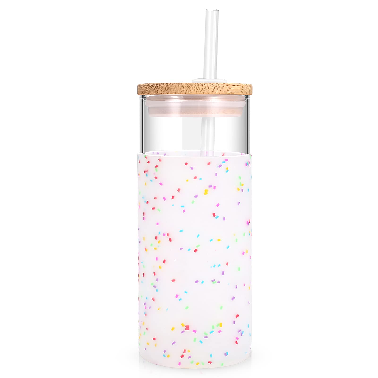 Tronco 20 oz Glass Tumbler with Lid and Straw, Iced Coffee Cup and Smoothie Cup with Bamboo Lids & Protective Silicone Sleeve, Dishwasher Safe, BPA-Free, Glass Cup 1 Pack