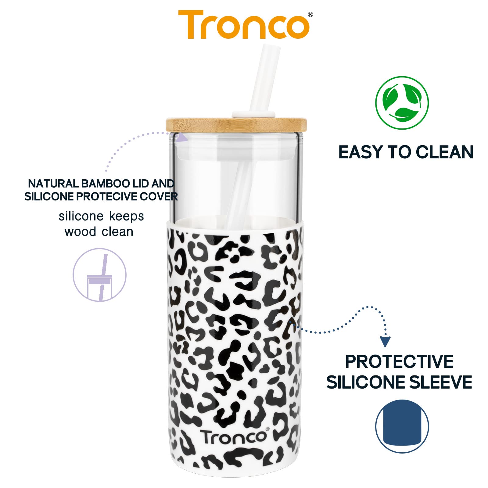 Tronco 20 oz Glass Tumbler with Lid and Straw, Iced Coffee Cup and Smoothie Cup with Bamboo Lids & Protective Silicone Sleeve, Dishwasher Safe, BPA-Free, Glass Cup 1 Pack