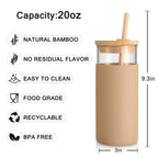 Tronco 20 oz Glass Tumbler with Lid and Straw, Iced Coffee Cup and Smoothie Cup with Bamboo Lids & Protective Silicone Sleeve, Dishwasher Safe, BPA-Free, Glass Cup 1 Pack
