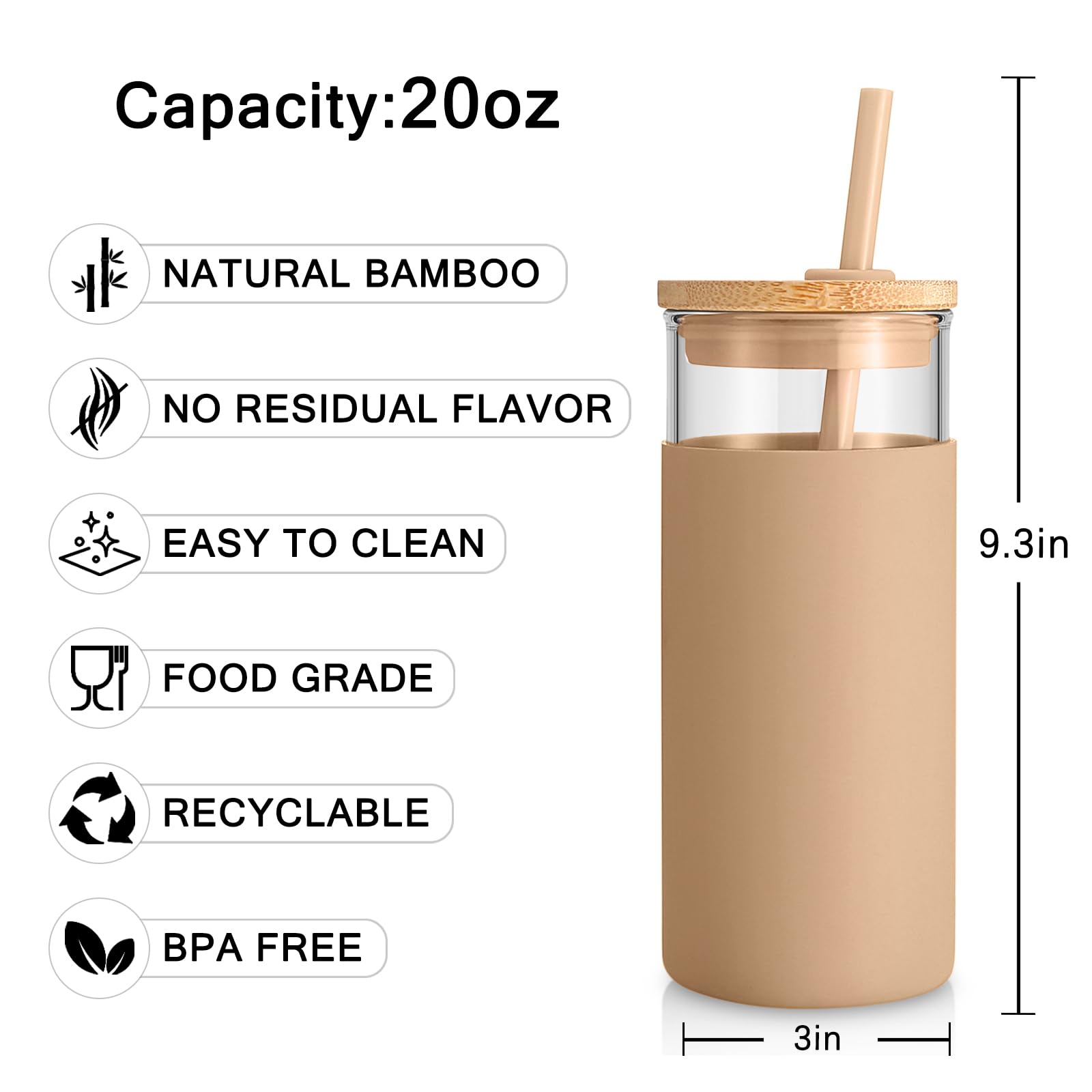 Tronco 20 oz Glass Tumbler with Lid and Straw, Iced Coffee Cup and Smoothie Cup with Bamboo Lids & Protective Silicone Sleeve, Dishwasher Safe, BPA-Free, Glass Cup 1 Pack
