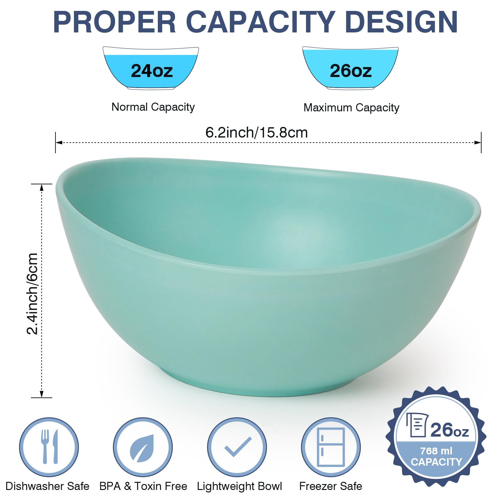 9.6'' Serving Bowls, 84oz Bamboo Fiber Salad Bowl Set of 4, Deep Serving Bowls Set, Large Oval Individual Bowls for Eating Salad/Pasta/Cereal/Pho, Ideal for Home & Restaurant (Matte White)