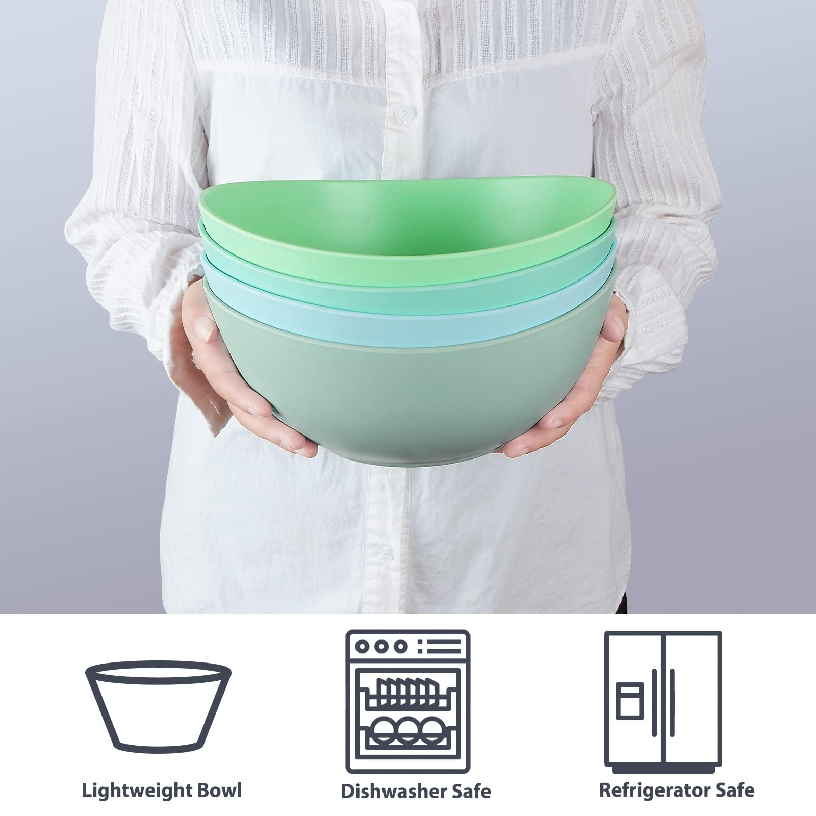 9.6'' Serving Bowls, 84oz Bamboo Fiber Salad Bowl Set of 4, Deep Serving Bowls Set, Large Oval Individual Bowls for Eating Salad/Pasta/Cereal/Pho, Ideal for Home & Restaurant (Matte White)