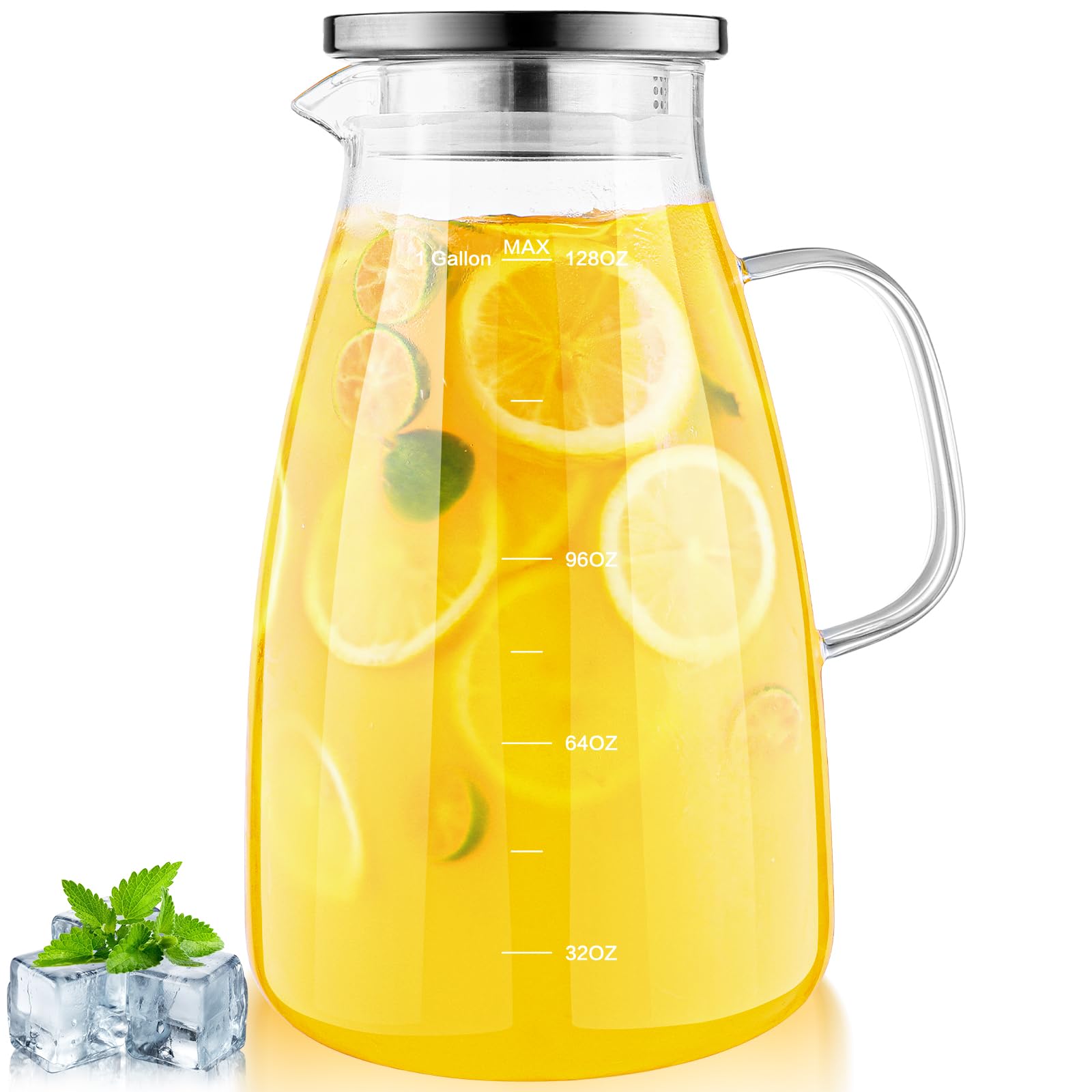 1 Gallon 128oz Glass Pitcher, Water Pitcher with Lid and Spout, Glass Carafe for Hot/Cold Drink, Water Jug for Iced Tea, Coffee, Juice, Milk, Beverage (Extra-Wide Mouth)