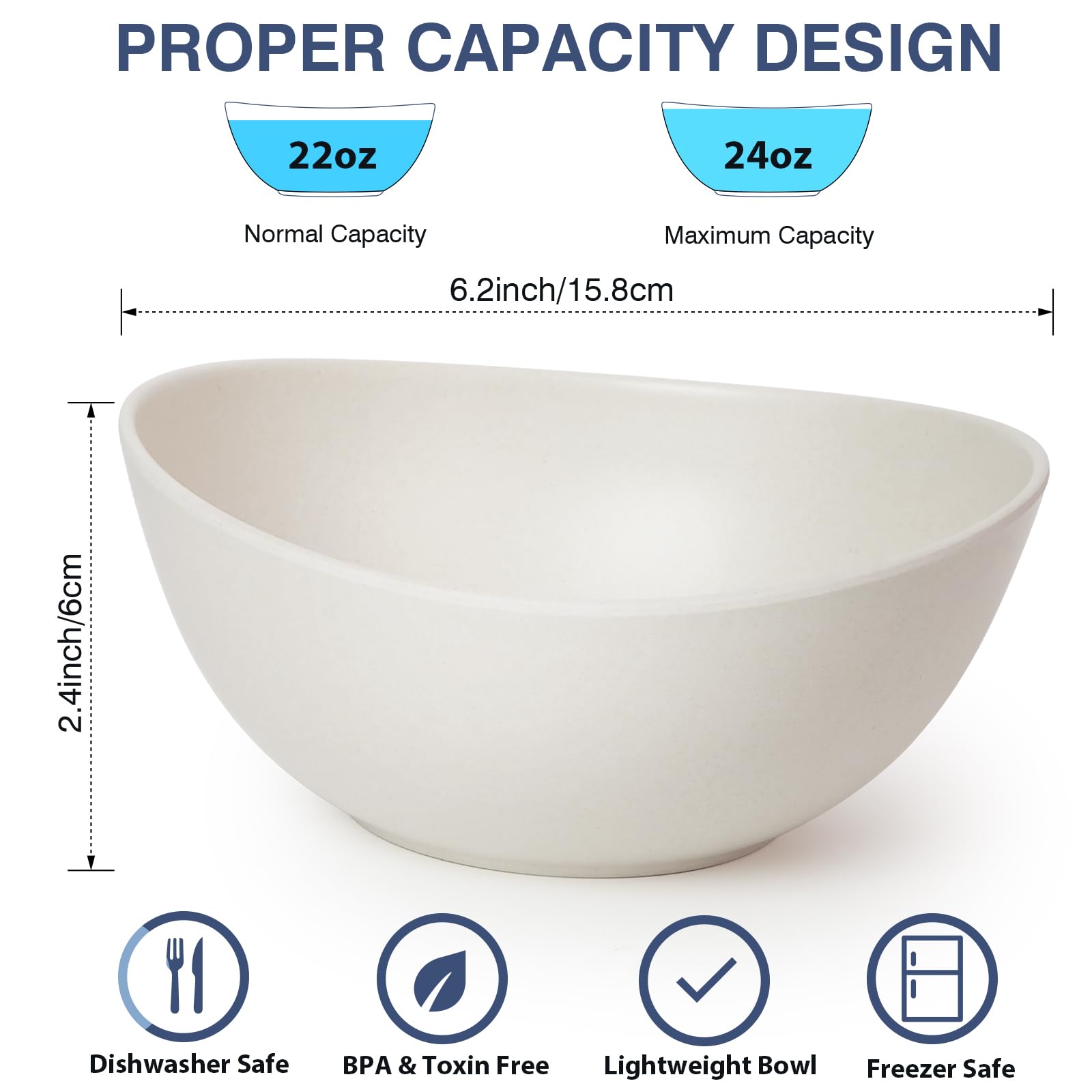 9.6'' Serving Bowls, 84oz Bamboo Fiber Salad Bowl Set of 4, Deep Serving Bowls Set, Large Oval Individual Bowls for Eating Salad/Pasta/Cereal/Pho, Ideal for Home & Restaurant (Matte White)