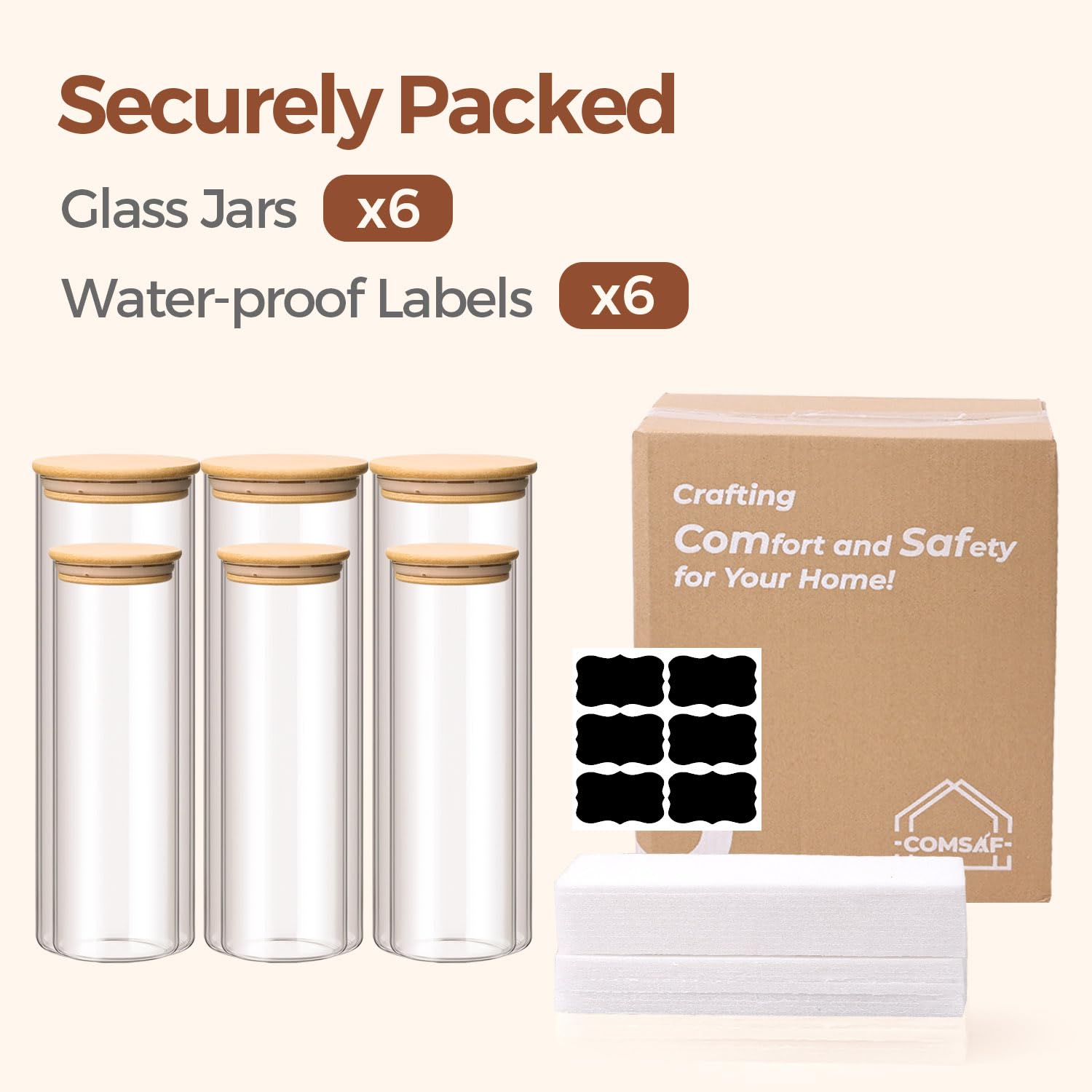 ComSaf 1 Qt Glass Storage Containers with Lids, Glass Jars with Lids, Clear Food Storage Jar, Round Canister Set of 6, Pantry Organizers for Cookie Pasta Flour Rice Tea Coffee Bean