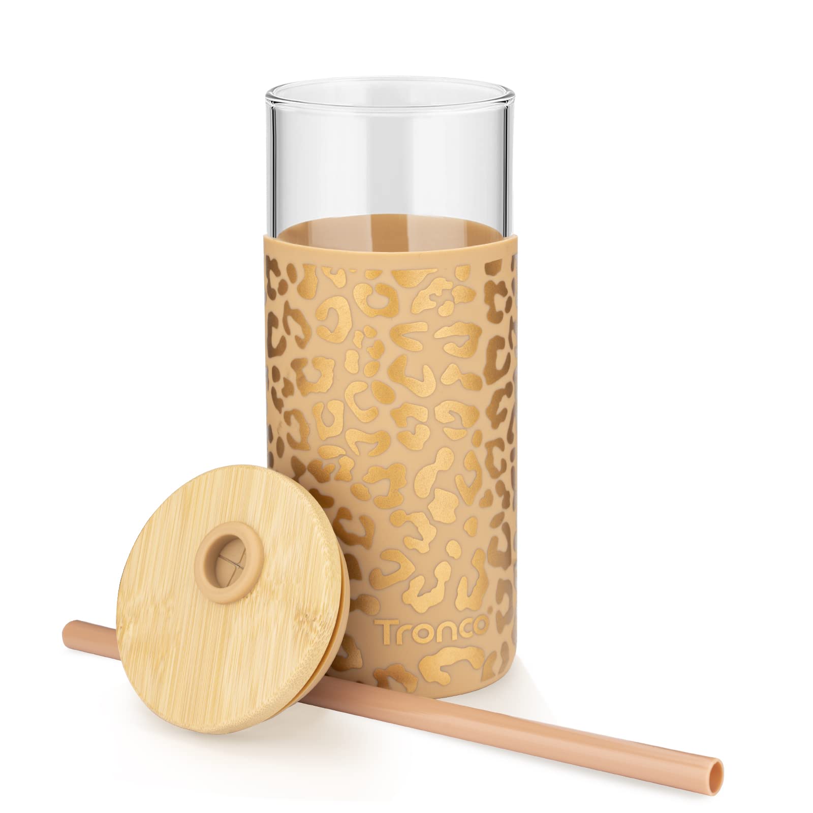 Tronco 20 oz Glass Tumbler with Lid and Straw, Iced Coffee Cup and Smoothie Cup with Bamboo Lids & Protective Silicone Sleeve, Dishwasher Safe, BPA-Free, Glass Cup 1 Pack