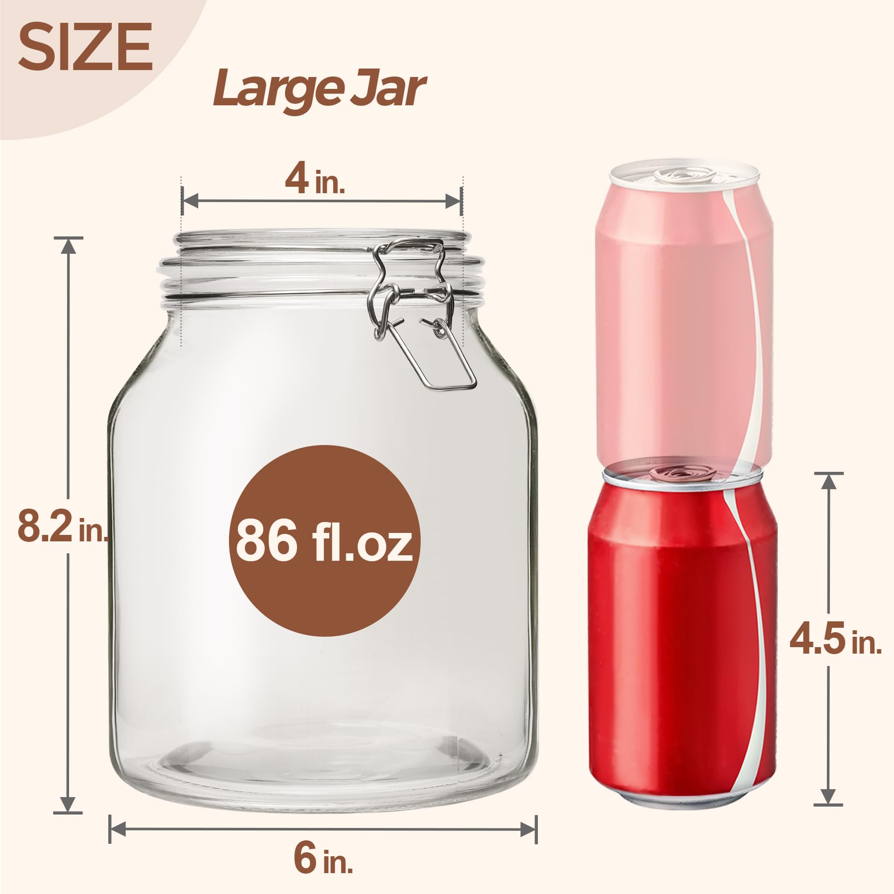 ComSaf Large Glass Jars with Lid 64 oz, Large Mason Jars Set of 3, Glass Canisters with Airtight Lids, Half Gallon Canning Jar with Seal Wire Clip Fastening for Kitchen, Pickle, Flour, Sugar, Cereal