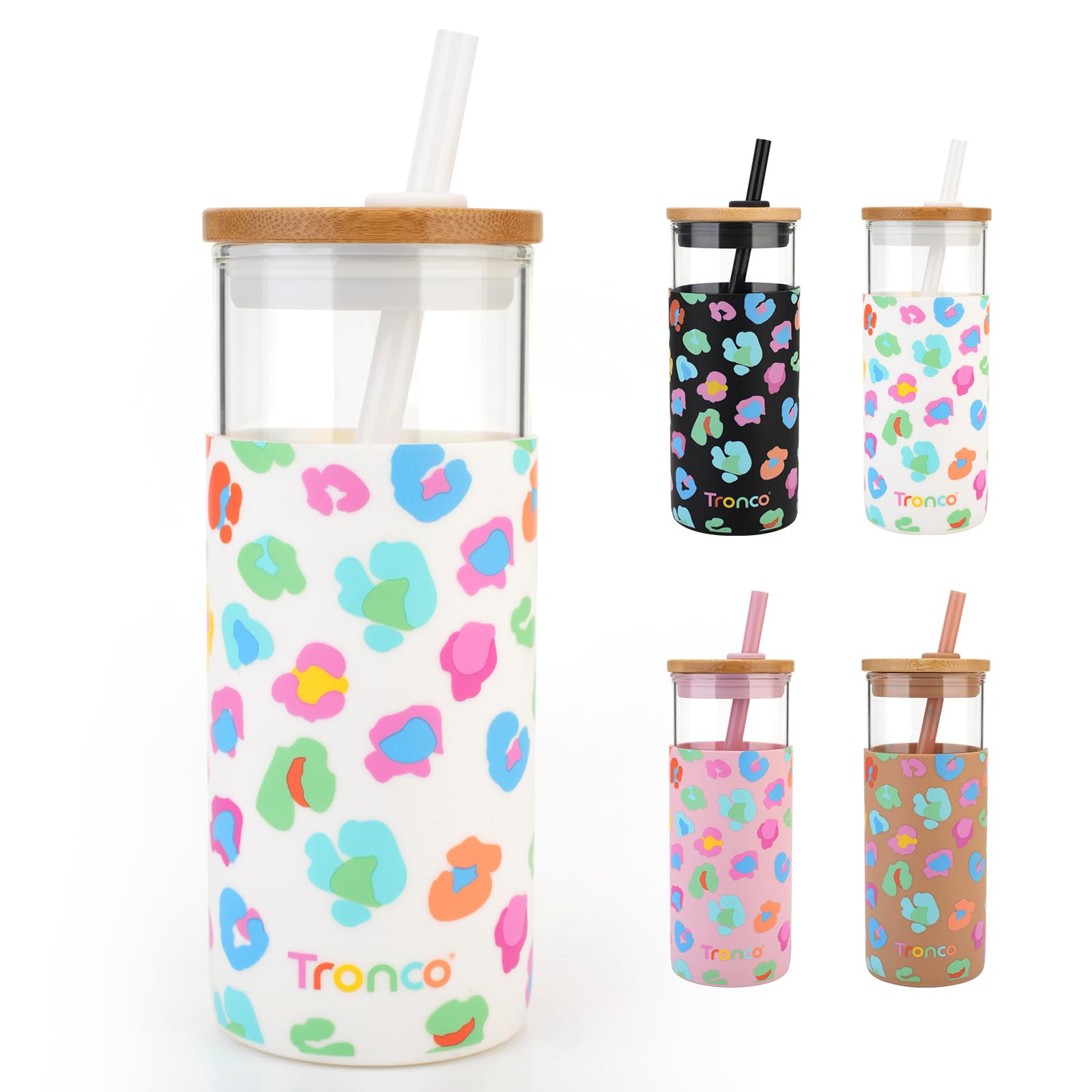 Tronco 20 oz Glass Tumbler with Lid and Straw, Iced Coffee Cup and Smoothie Cup with Bamboo Lids & Protective Silicone Sleeve, Dishwasher Safe, BPA-Free, Glass Cup 1 Pack