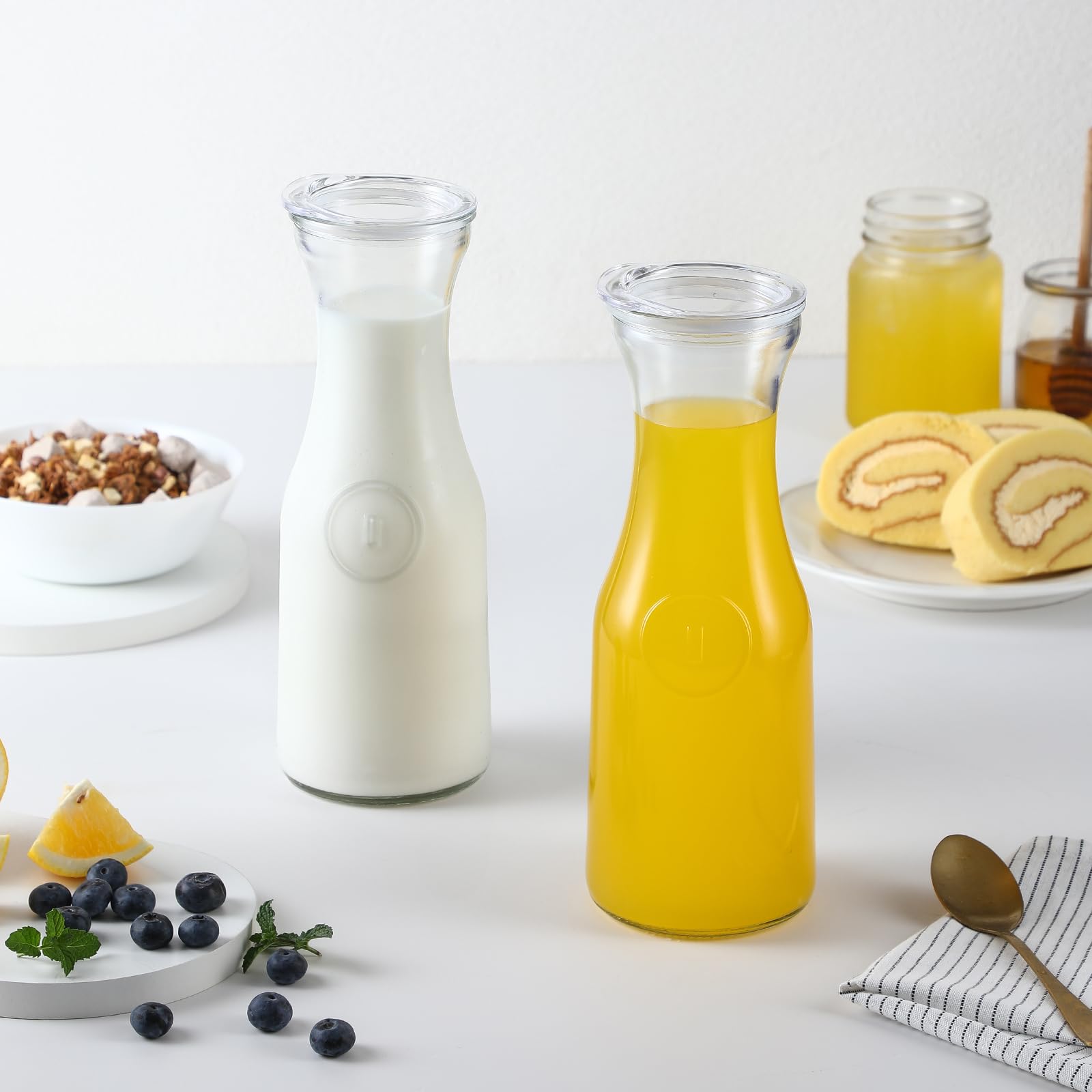 Set of 6 Glass Carafe with Lid, 1 Liter Beverage Serveware Carafe, Clear Glass Pitcher for Mimosa Bar, Brunch, Cold Water, Juice, Milk, Iced Tea, Lemonade