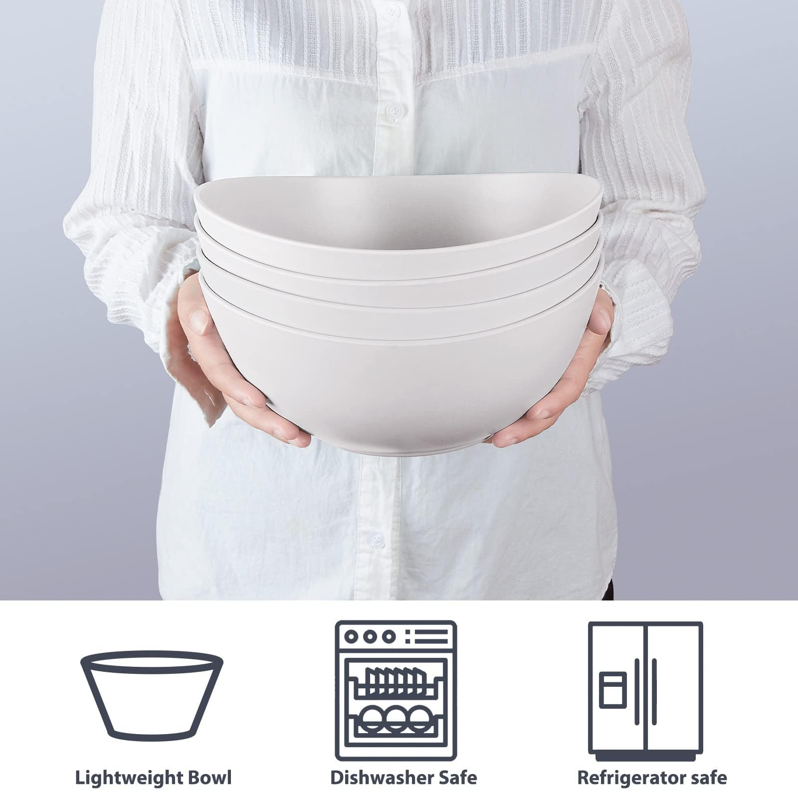 9.6'' Serving Bowls, 84oz Bamboo Fiber Salad Bowl Set of 4, Deep Serving Bowls Set, Large Oval Individual Bowls for Eating Salad/Pasta/Cereal/Pho, Ideal for Home & Restaurant (Matte White)