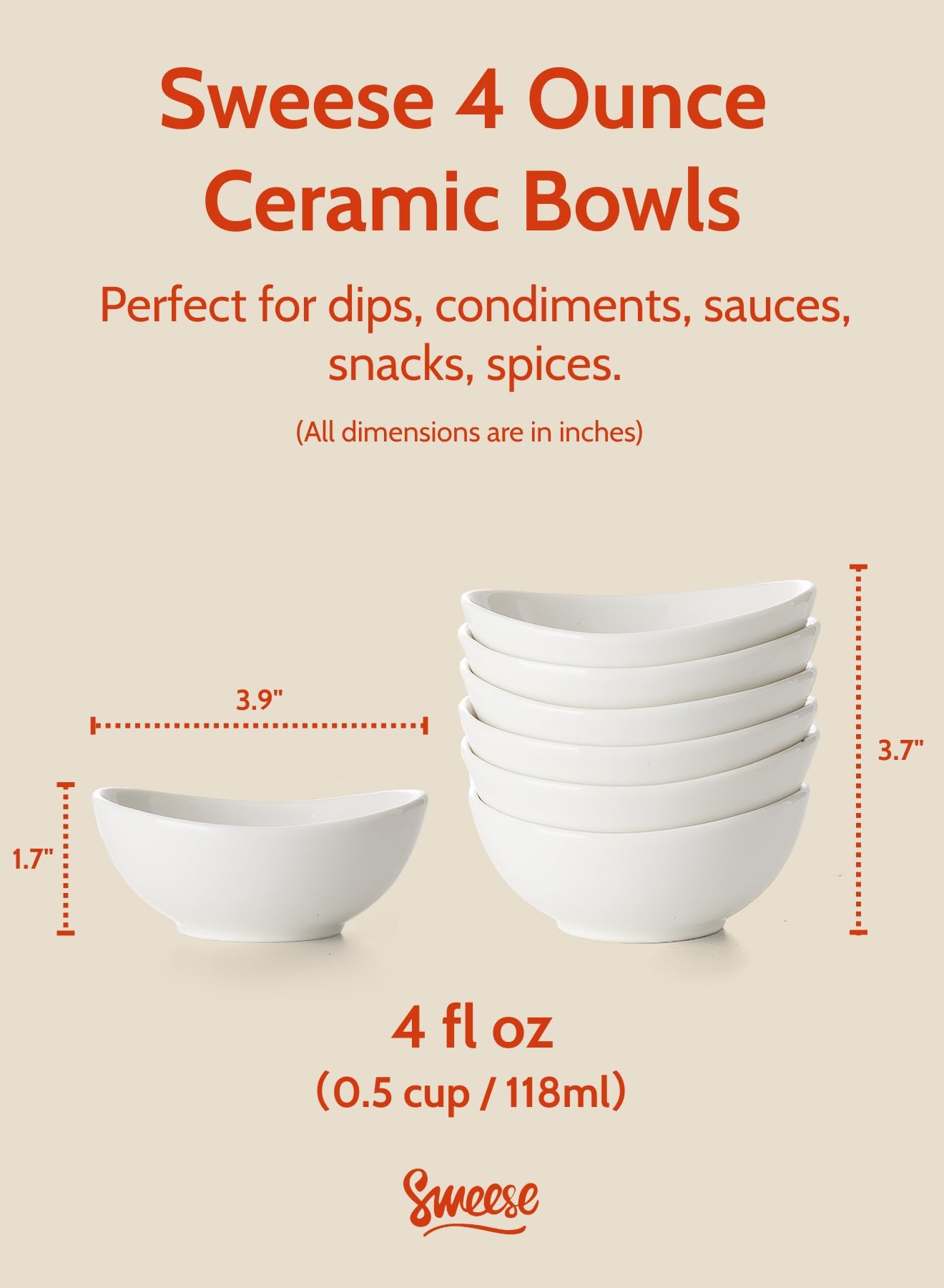 Sweese 4 oz Very Small White Porcelain Bowls - Set of 6 Dipping, Sauce, Salsa & Snack Bowls, Mini Ceramic Bowls for Condiments & Charcuterie