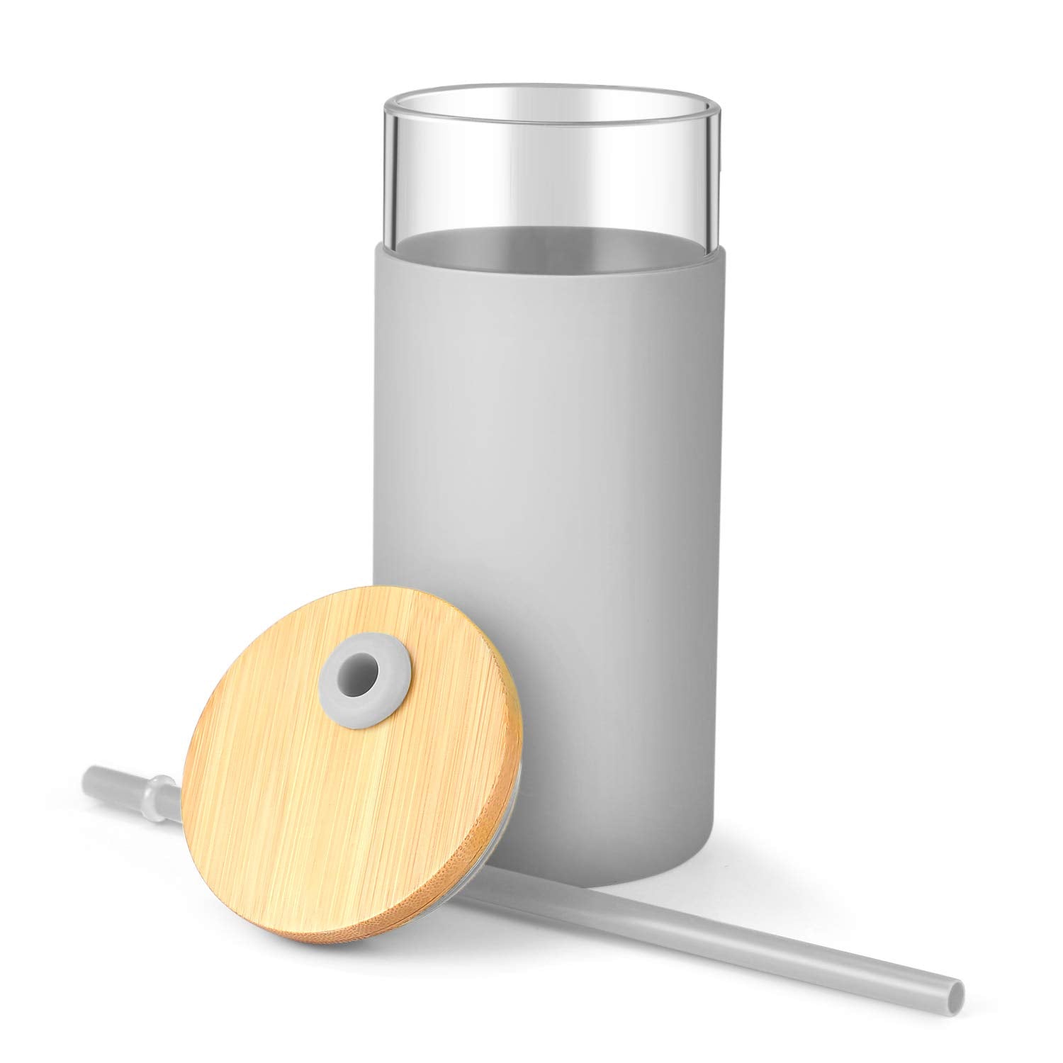 Tronco 20 oz Glass Tumbler with Lid and Straw, Iced Coffee Cup and Smoothie Cup with Bamboo Lids & Protective Silicone Sleeve, Dishwasher Safe, BPA-Free, Glass Cup 1 Pack
