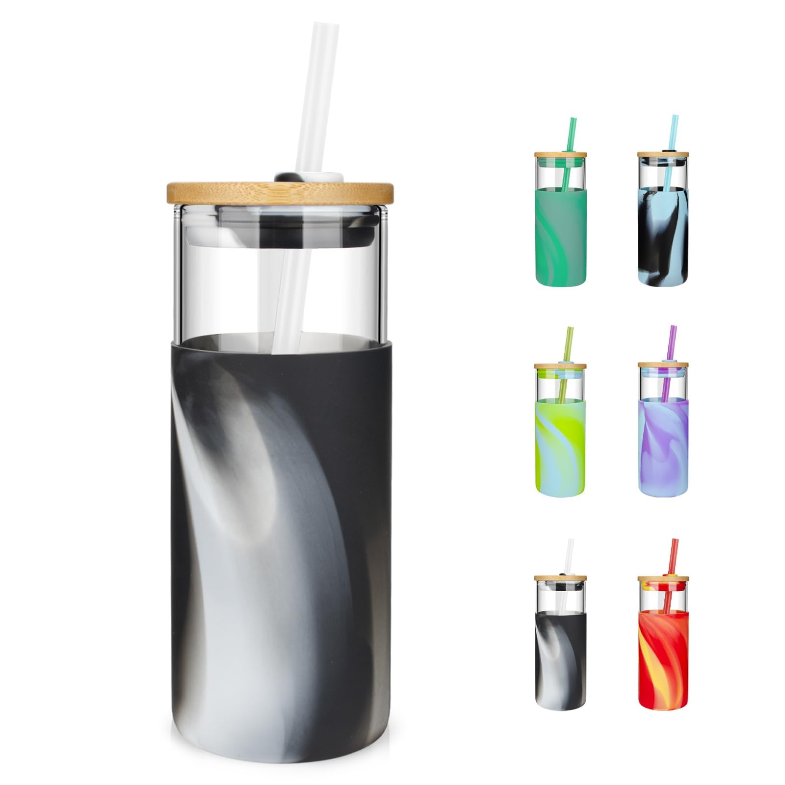 Tronco 20 oz Glass Tumbler with Lid and Straw, Iced Coffee Cup and Smoothie Cup with Bamboo Lids & Protective Silicone Sleeve, Dishwasher Safe, BPA-Free, Glass Cup 1 Pack