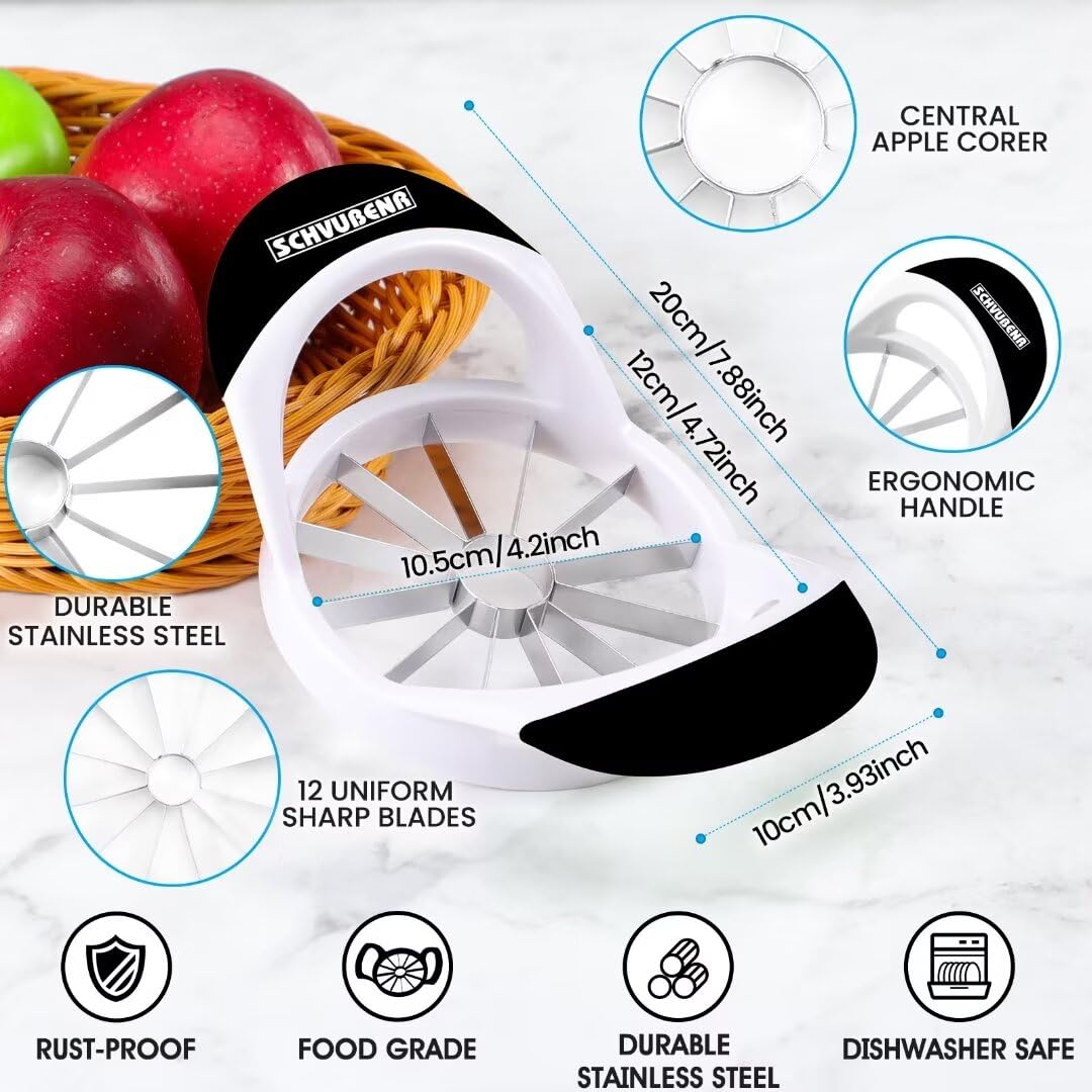 SCHVUBENR 4.72 Inch Large Apple Slicer with 12 Blades - Professional Apple Cutter - Stainless Steel Apple Corer - Sharp Apple Slicer and Corer - Apple Corer Tool - Dishwasher Safe(Black)
