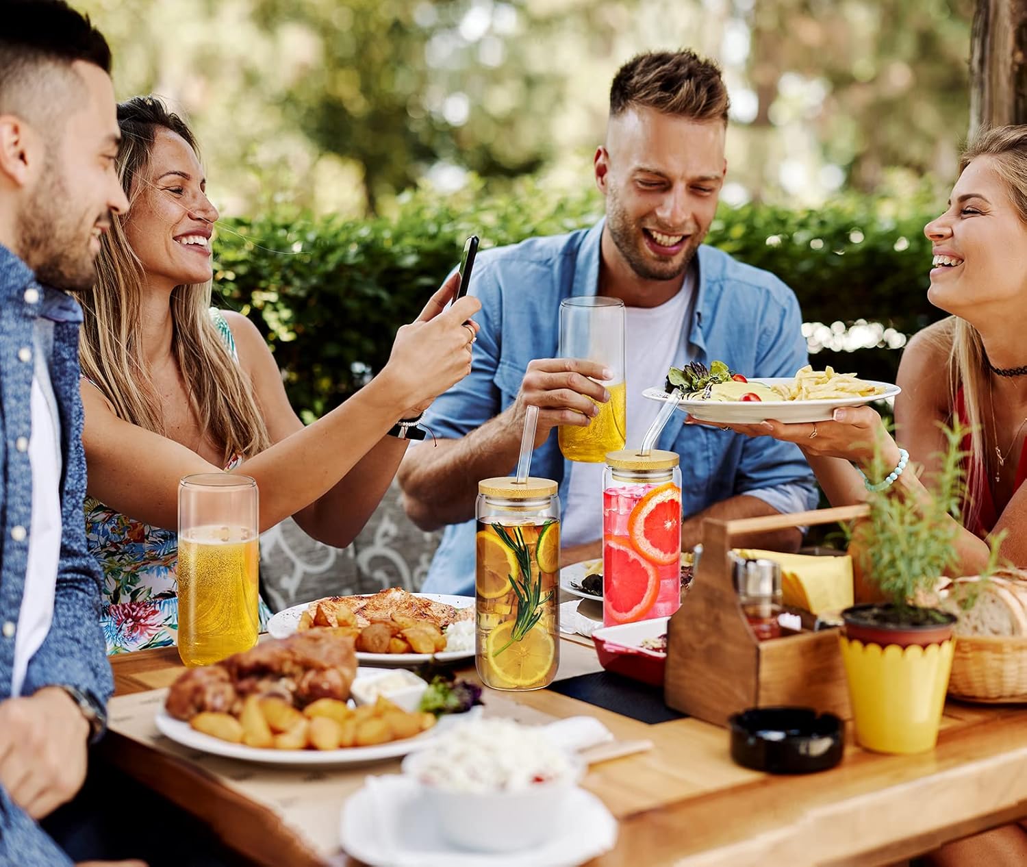 20 Oz Drinking Glasses with Bamboo Lids and Glass Straw - 6 Pcs Glass Cups Beer Ice Coffee Glasses Cute Aesthetic Cup Great for Coffee Bar Accessories Include 2 Cleaning Brushes