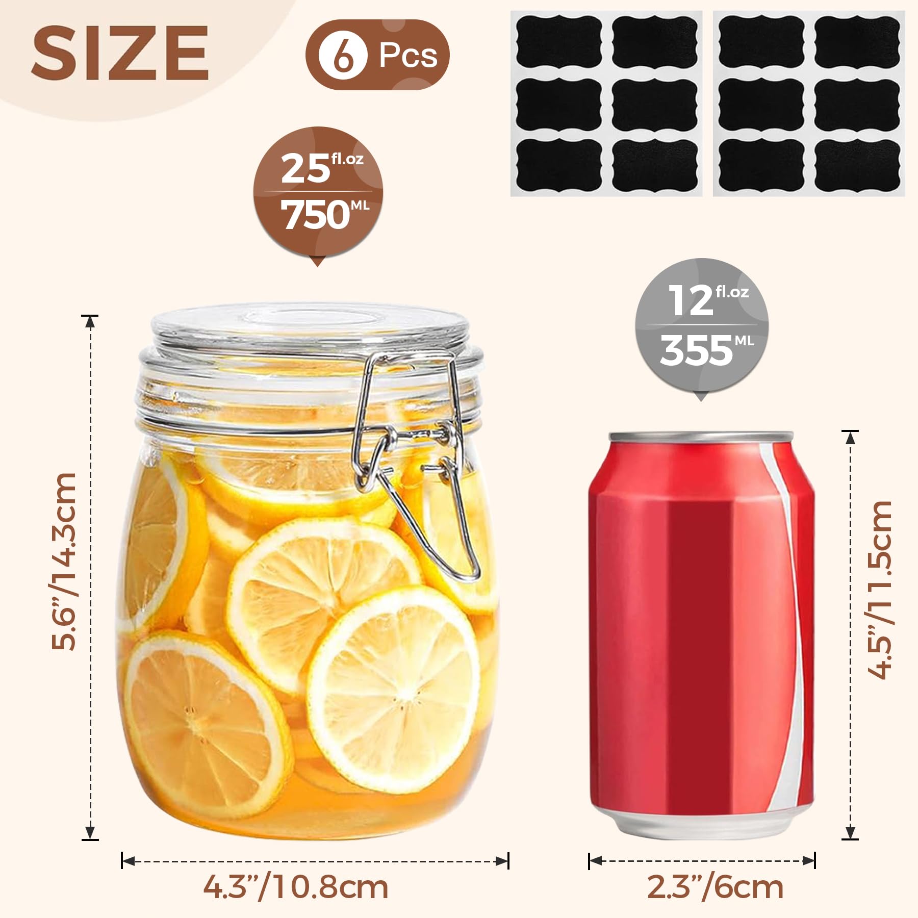 ComSaf Airtight Glass Jars with Lids 17oz Small Food Storage Container Set of 6 - Airtight Canister with Clear Preserving Seal Wire Clip Fastening for Kitchen Canning Pickling Mason jars