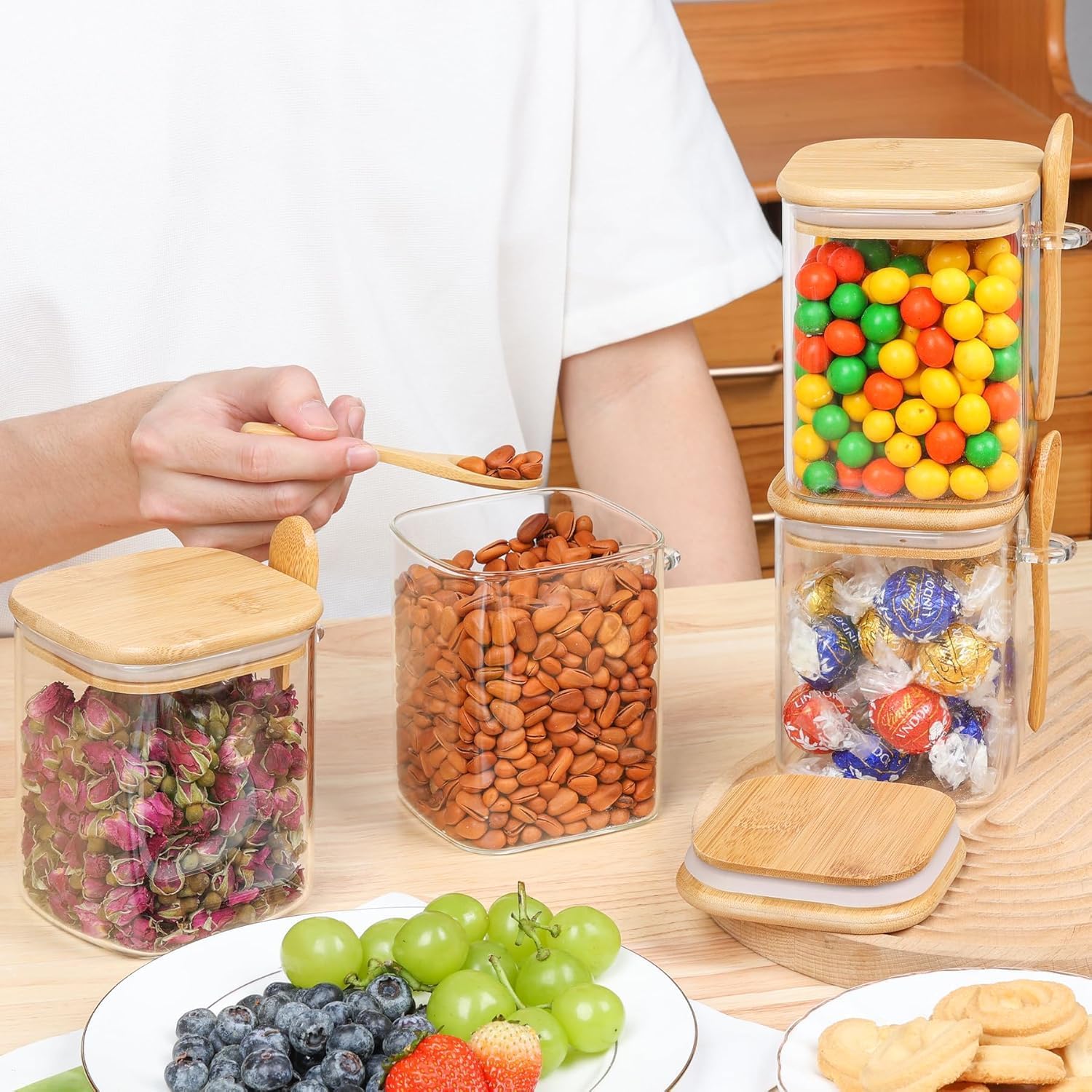 ComSaf 0.8 Qt Glass Jars with Bamboo Lids & Spoons Set of 4, Square Glass Containers with Lids, Sugar Coffee Containers Salt Spice Jars, Pantry Storage Container for Loose Tea, Candy, Brown Sugar, Nut