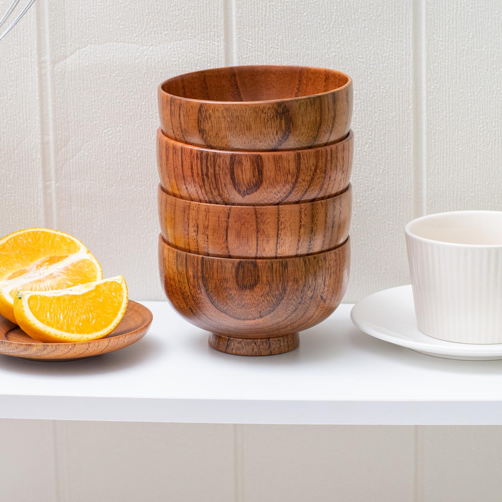 Handmade Wood Bowl, Mug, for Rice, Soup, Dip, Coffee, Tea, Decoration (4PCS Jujube Bowls, M: 4.5'' Dia x 2.6'' High)