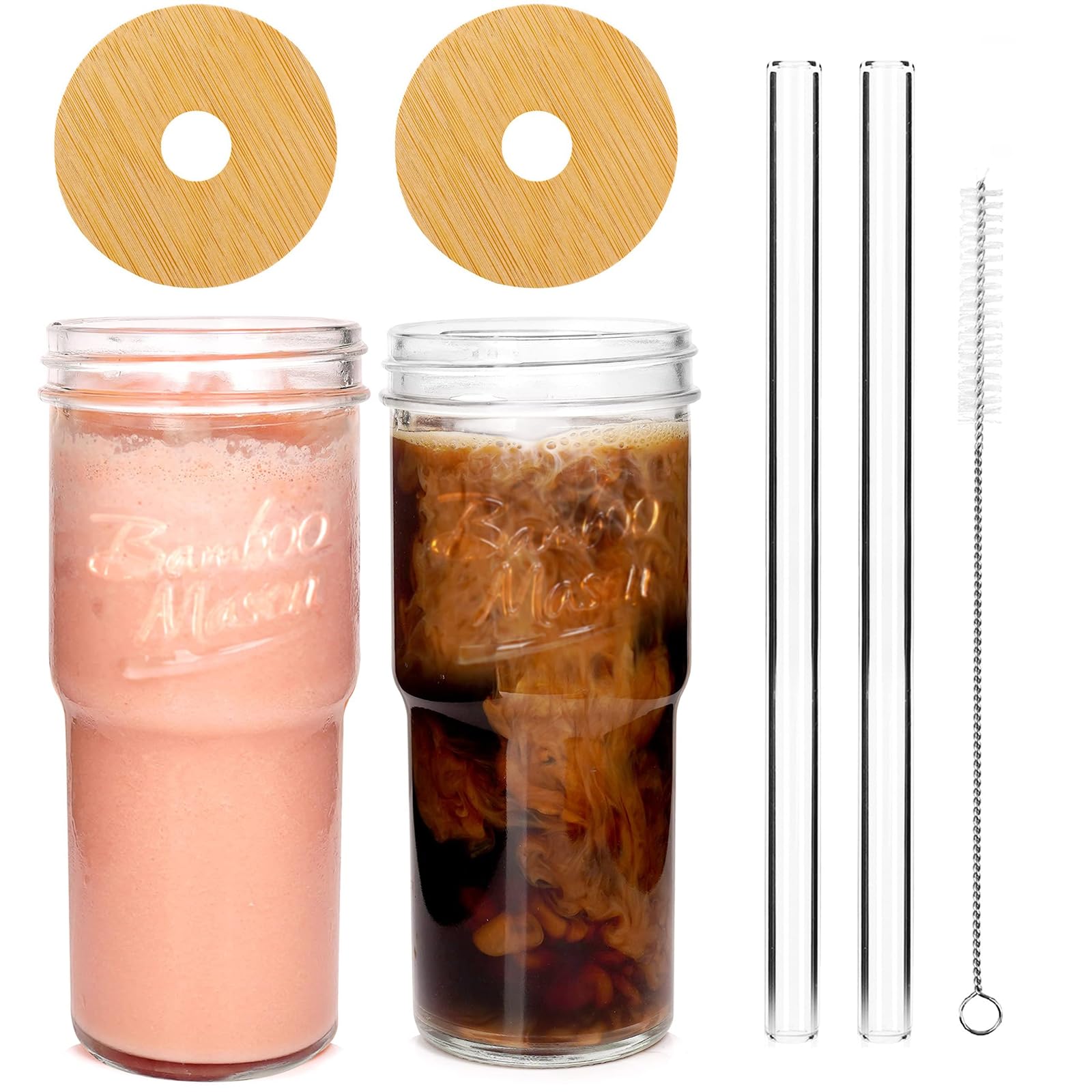 ANOTION Glass Cups with Lids and Straws - 40 Oz Tumbler with Handle and Straw Glass Water Bottles Drinking Glasses with Straws Iced Coffee Cups Travel Coffee Mug Smoothie Tumbler