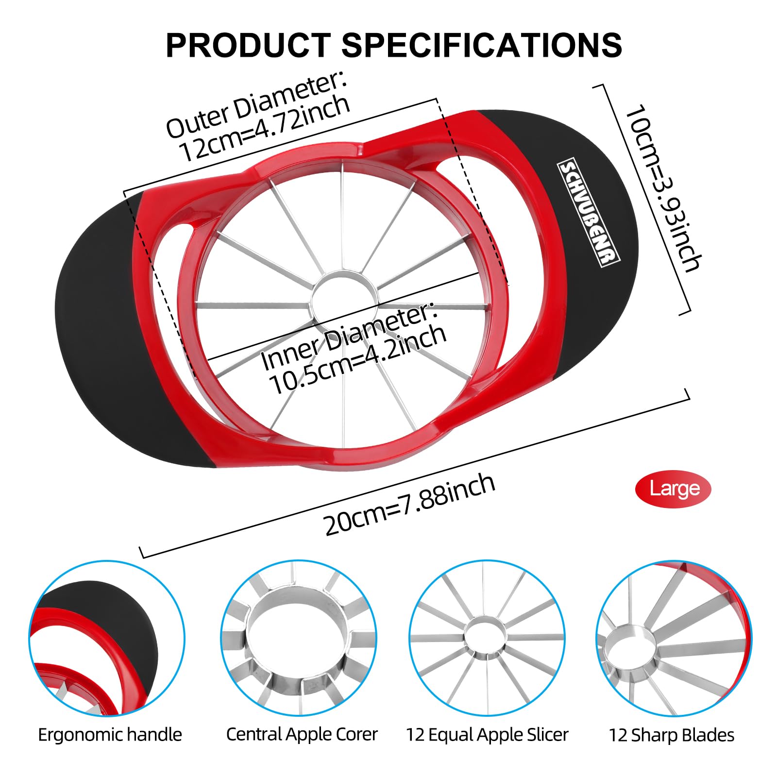 SCHVUBENR 4.72 Inch Large Apple Slicer with 12 Blades - Professional Apple Cutter - Stainless Steel Apple Corer - Sharp Apple Slicer and Corer - Apple Corer Tool - Dishwasher Safe(Black)
