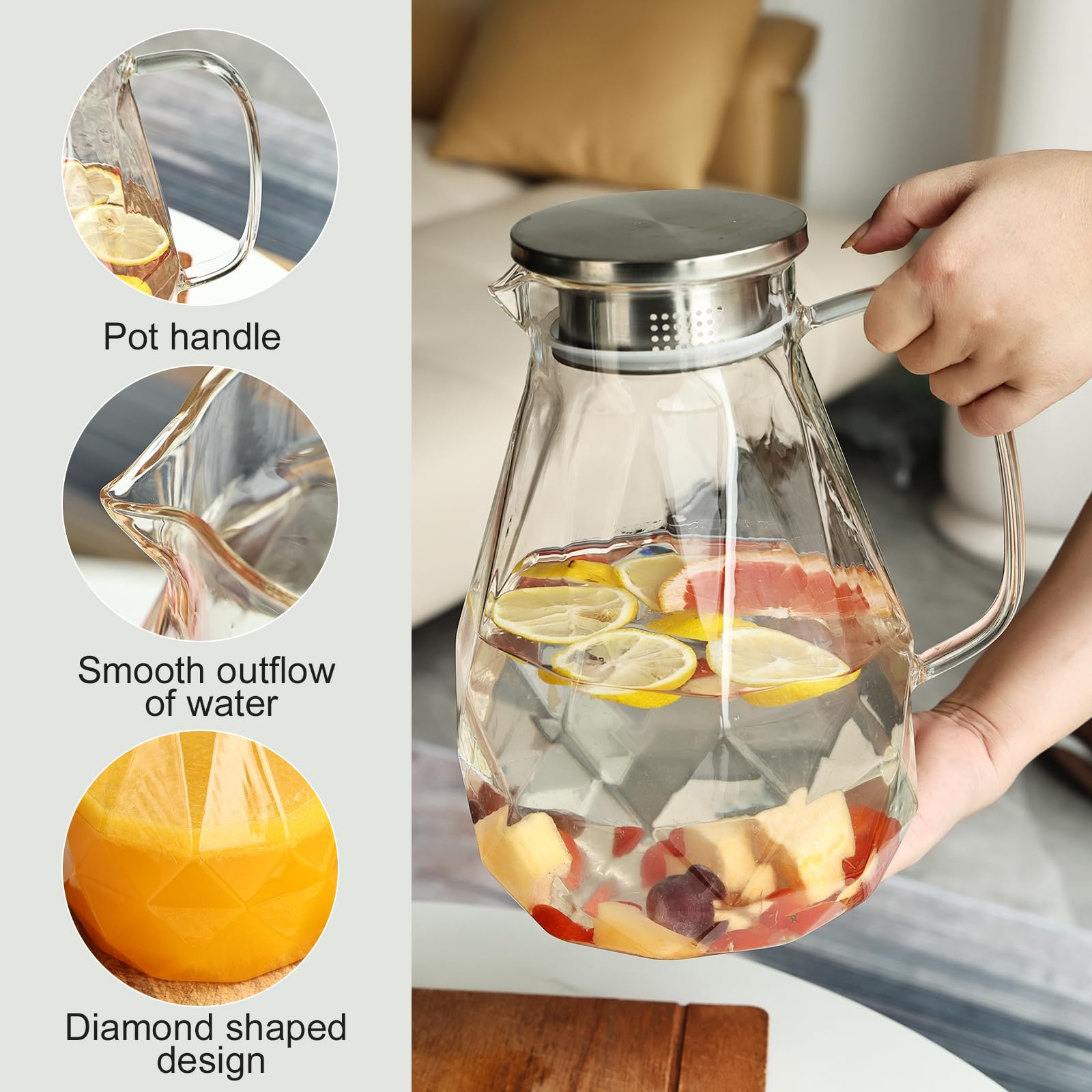 Set of 2 Glass Pitcher with Lid,2 Quart (64 oz / 1.9 Liter) Leak Proof,Glass Water Jugs, BPA-Free,Microwave & Dishwasher Safe Pitcher,Sun & Iced Tea, Sangria,Cold Brew Coffee & More