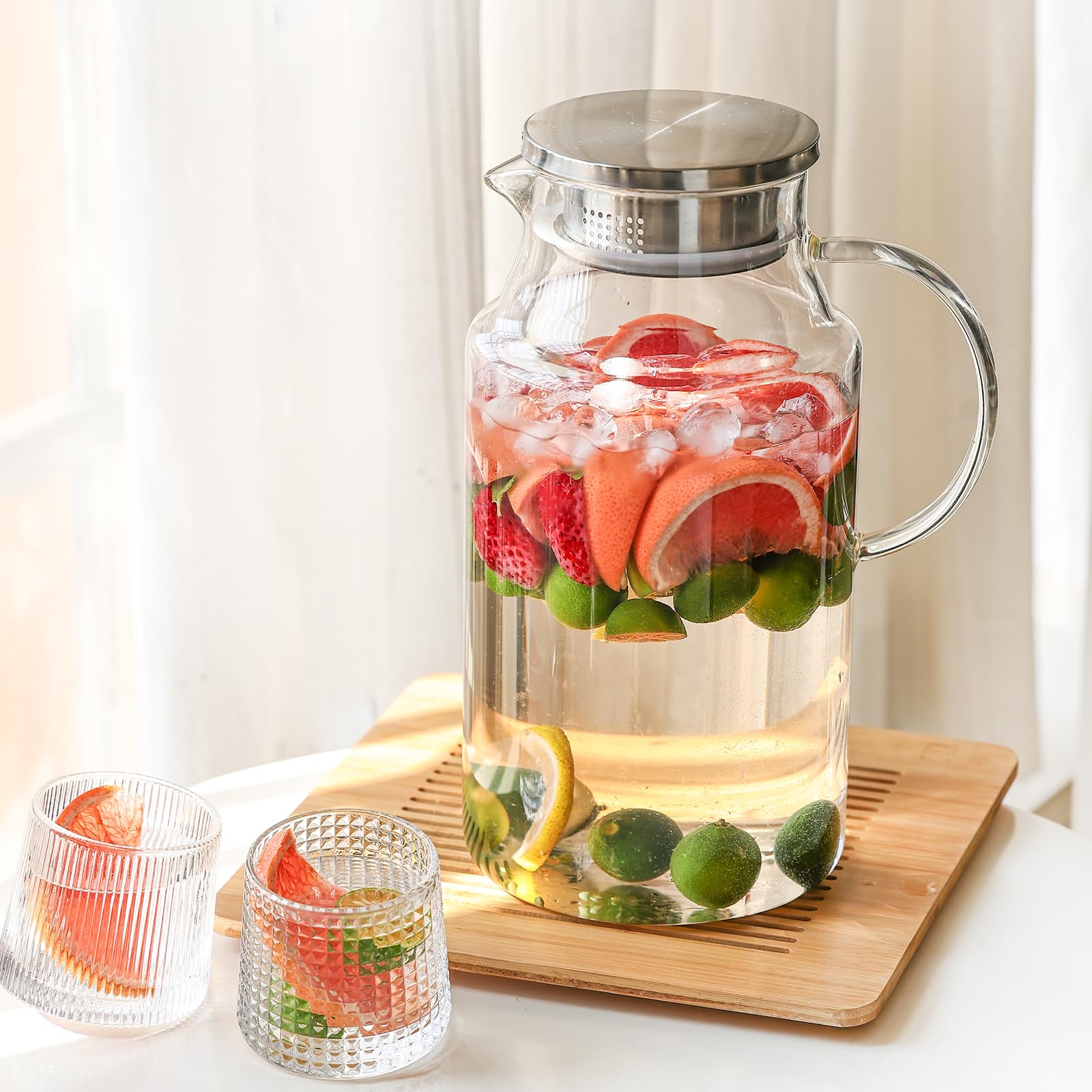 Set of 2 Glass Pitcher with Lid,2 Quart (64 oz / 1.9 Liter) Leak Proof,Glass Water Jugs, BPA-Free,Microwave & Dishwasher Safe Pitcher,Sun & Iced Tea, Sangria,Cold Brew Coffee & More