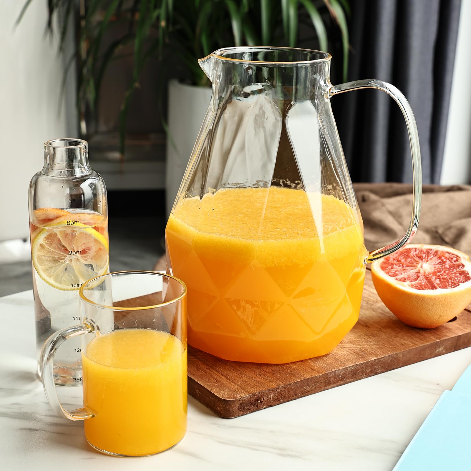 Set of 2 Glass Pitcher with Lid,2 Quart (64 oz / 1.9 Liter) Leak Proof,Glass Water Jugs, BPA-Free,Microwave & Dishwasher Safe Pitcher,Sun & Iced Tea, Sangria,Cold Brew Coffee & More