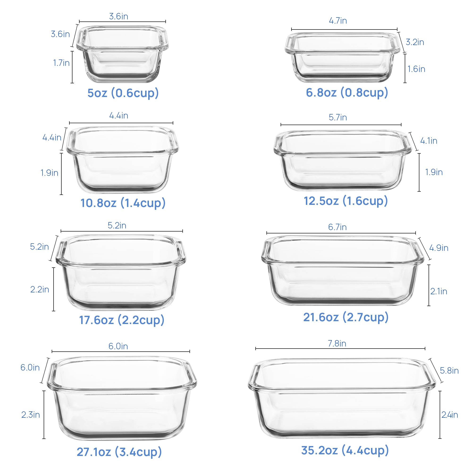 Vtopmart 8 Pack Glass Food Storage Containers with Airtight Lids, Glass Meal Prep Containers, Lunch Office Meal for Microwave, Oven, Freezer and Dishwasher, BPA Free