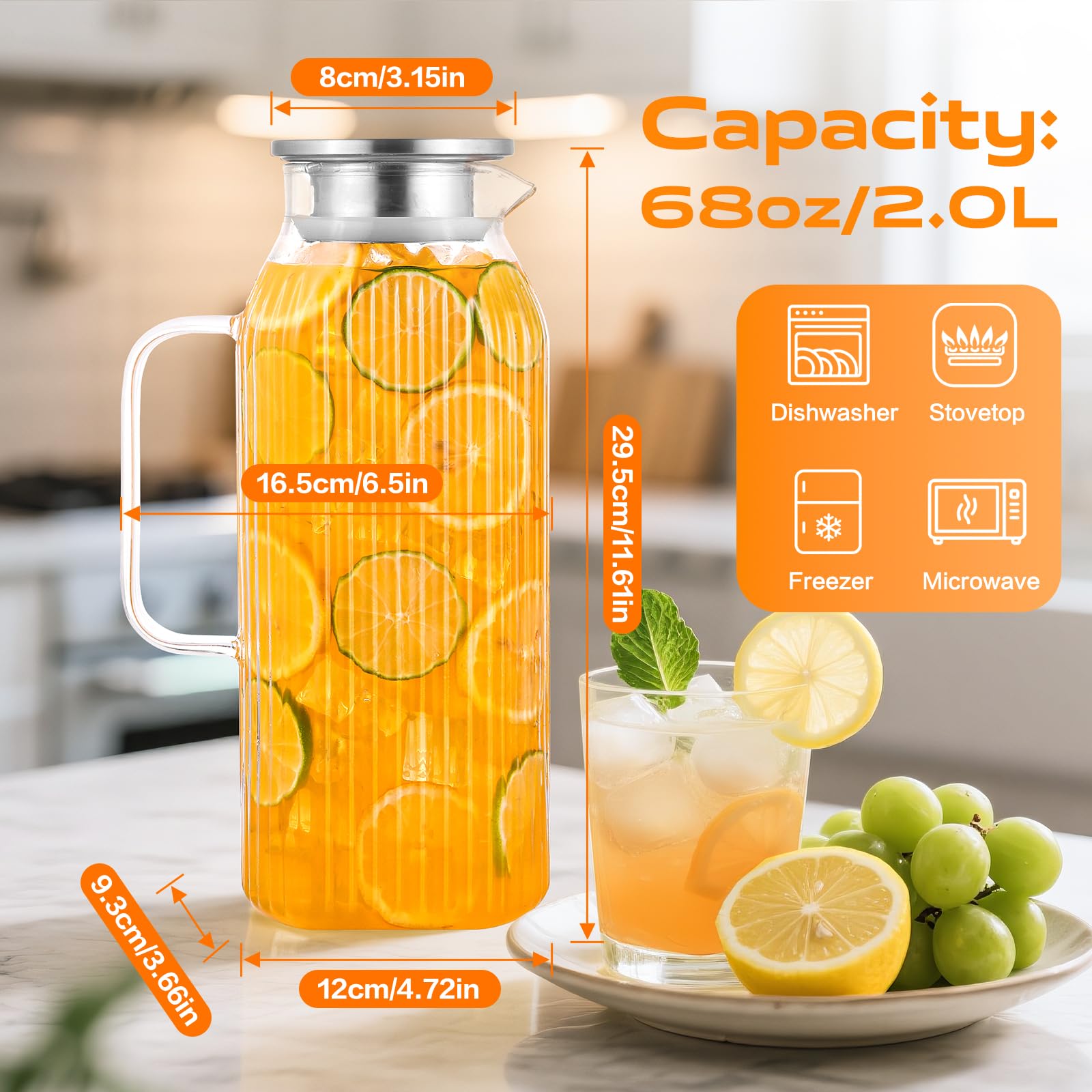 1 Gallon 128oz Glass Pitcher, Water Pitcher with Lid and Spout, Glass Carafe for Hot/Cold Drink, Water Jug for Iced Tea, Coffee, Juice, Milk, Beverage (Extra-Wide Mouth)