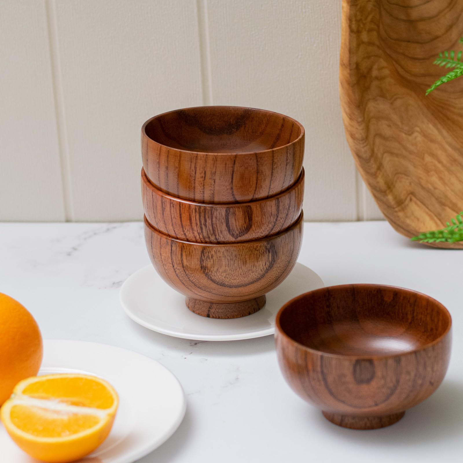 Handmade Wood Bowl, Mug, for Rice, Soup, Dip, Coffee, Tea, Decoration (4PCS Jujube Bowls, M: 4.5'' Dia x 2.6'' High)