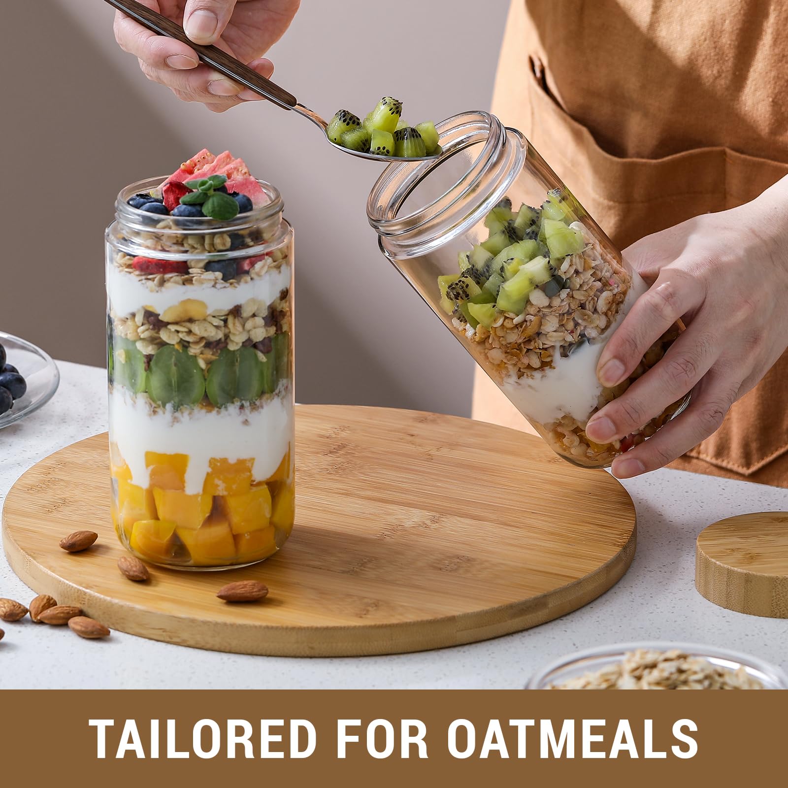 NETANY 4-pack 16oz Glass jars with Airtight Lids, Overnight Oats Containers with Bamboo Lids, Wide mouth Mason Salad jars, Glass Food Storage Containers for Snacks Yogurt Spice Sugar