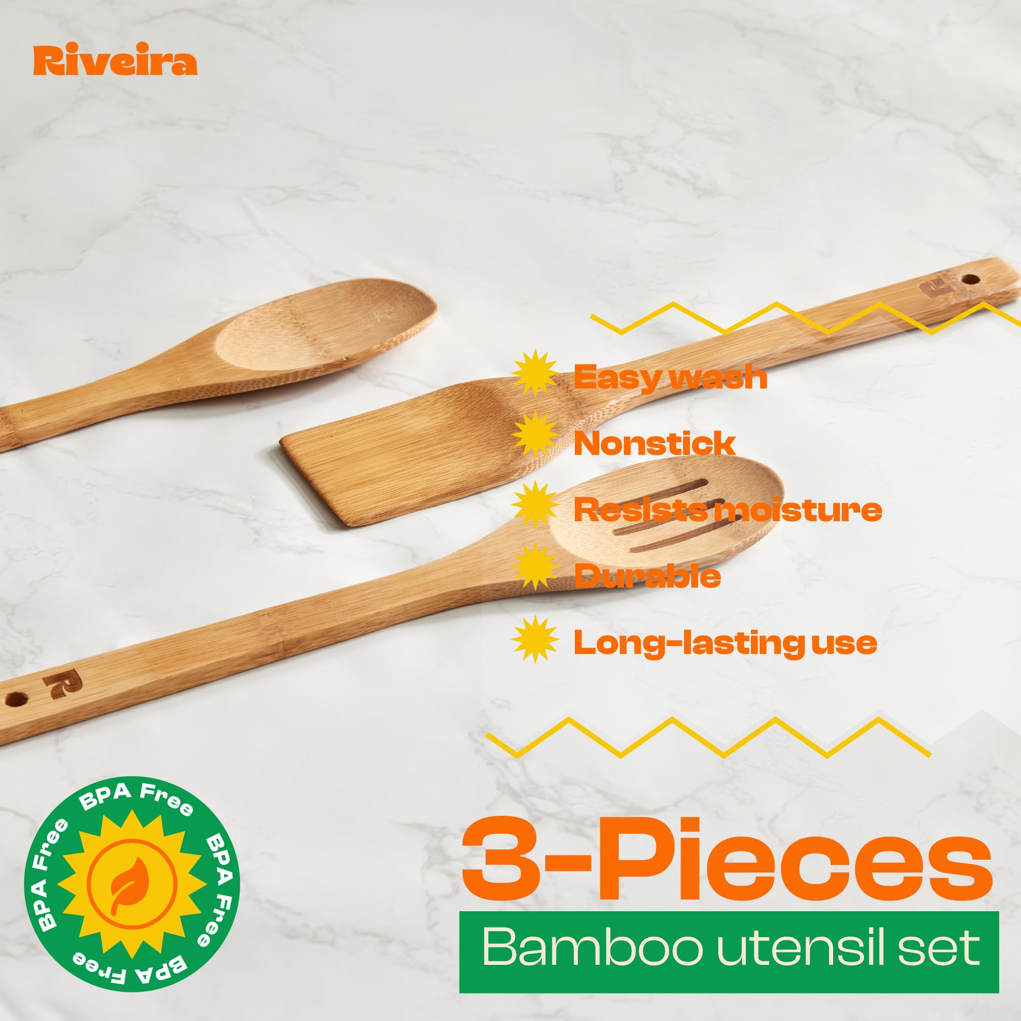 Riveira Premium Brown Bamboo Wooden Spoons for Cooking Set of 9 – Premium Brown Bamboo Wooden Cooking Utensils, Wooden Spatula, Wooden Spoon - Premium Quality Wooden Utensil Set for Non-Toxic Cooking